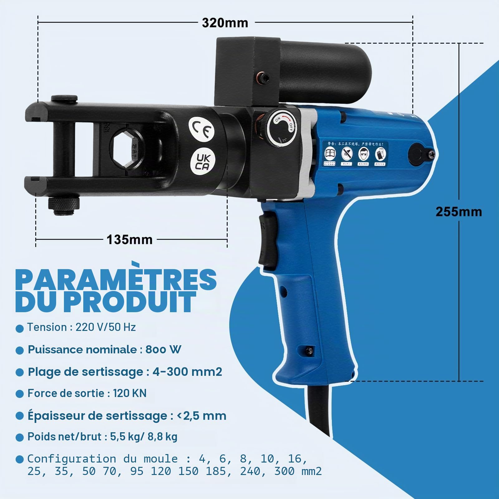 MXBAOHENG Pince hydraulique électrique 4-300 mm² 120 KN Pince à sertir hydraulique électrique avec 15 embouts de sertissage pour cosses en cuivre et aluminium