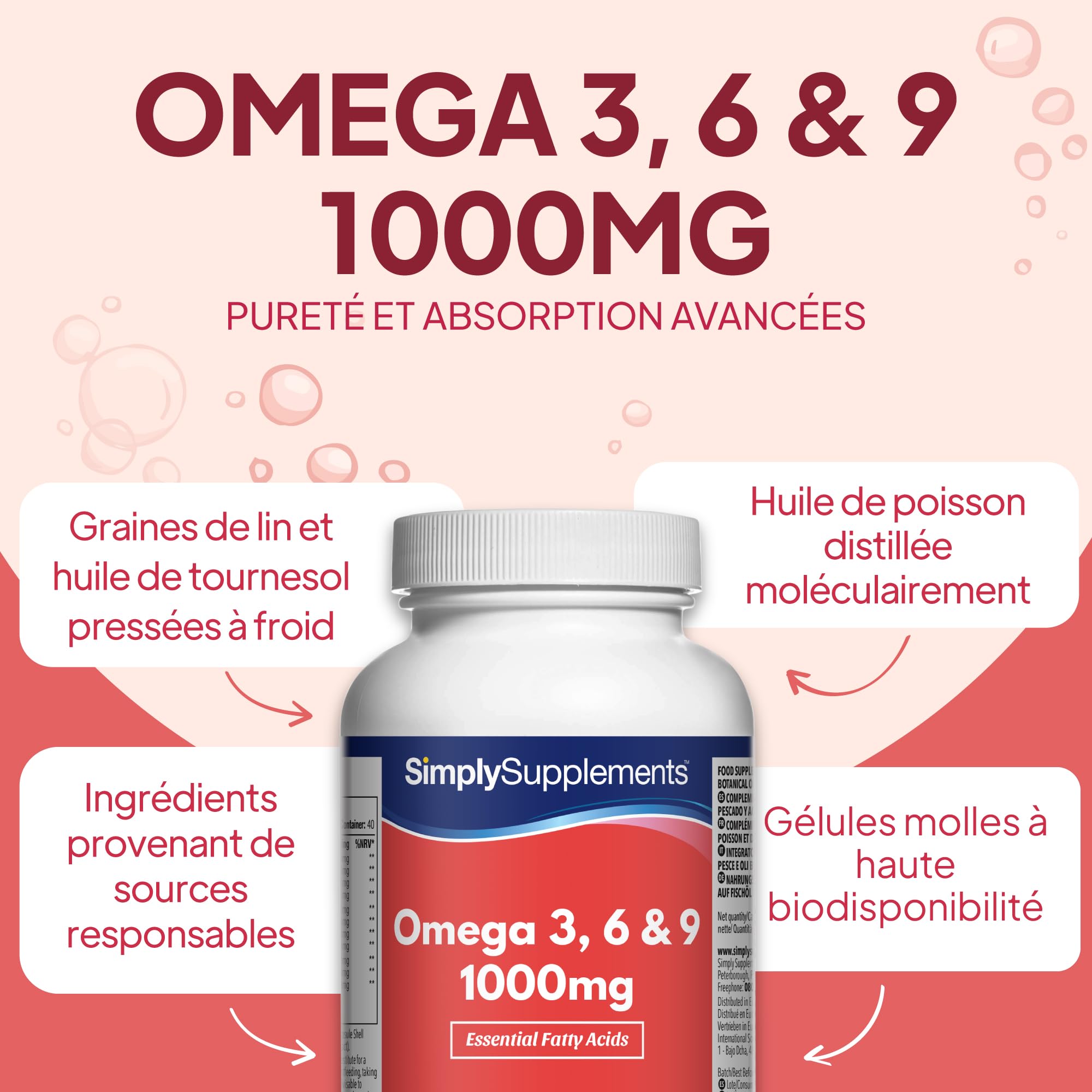 Oméga 3-6-9 1000mg | Huile de Poisson Pure + Lin & Tournesol | Santé du Cœur, Cerveau & Vision | 240 Gélules = 80 Jours | Acides Gras Essentiels | Fabriqué au UK | Qualité Premium & Certifié GMP