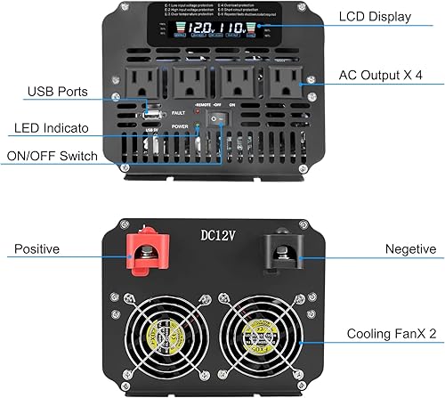 Miniatura 4 de Inversor de corriente de 4000 W, inversor de automóvil de 12 V CC a 110 V120 V CA con pantalla LCD, 4 salidas de CA, puerto USB y control remoto