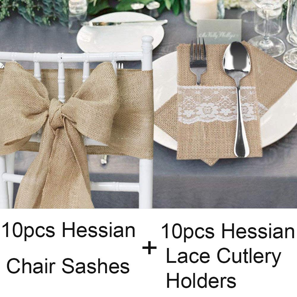 Time To Sparkle Sash+Cutlery Holder 10Pcs Hessian Chair Sash + 10Pcs Hessian Lace Cutlery Holder Burlap Rustic Vintage Shabby Chic Wedding