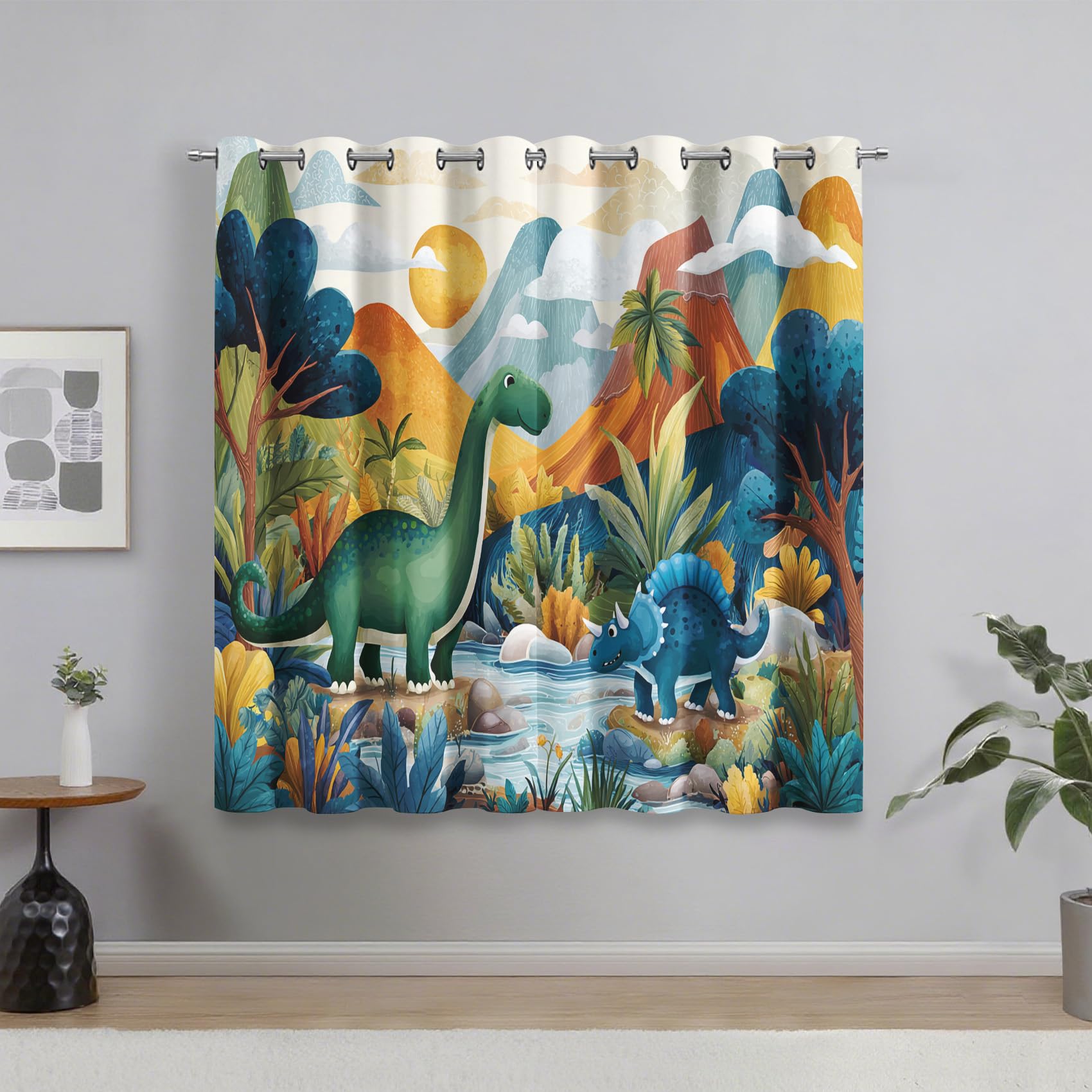 Générique Lot de 2 Rideau Occultant Dinosaure, Rideau Isolant Thermique à Oeillets pour Salon Chambre Cuisine Fenetre, Motif Forêt Adorable Dinosaure Enfants, 140x260 cm (LxH)