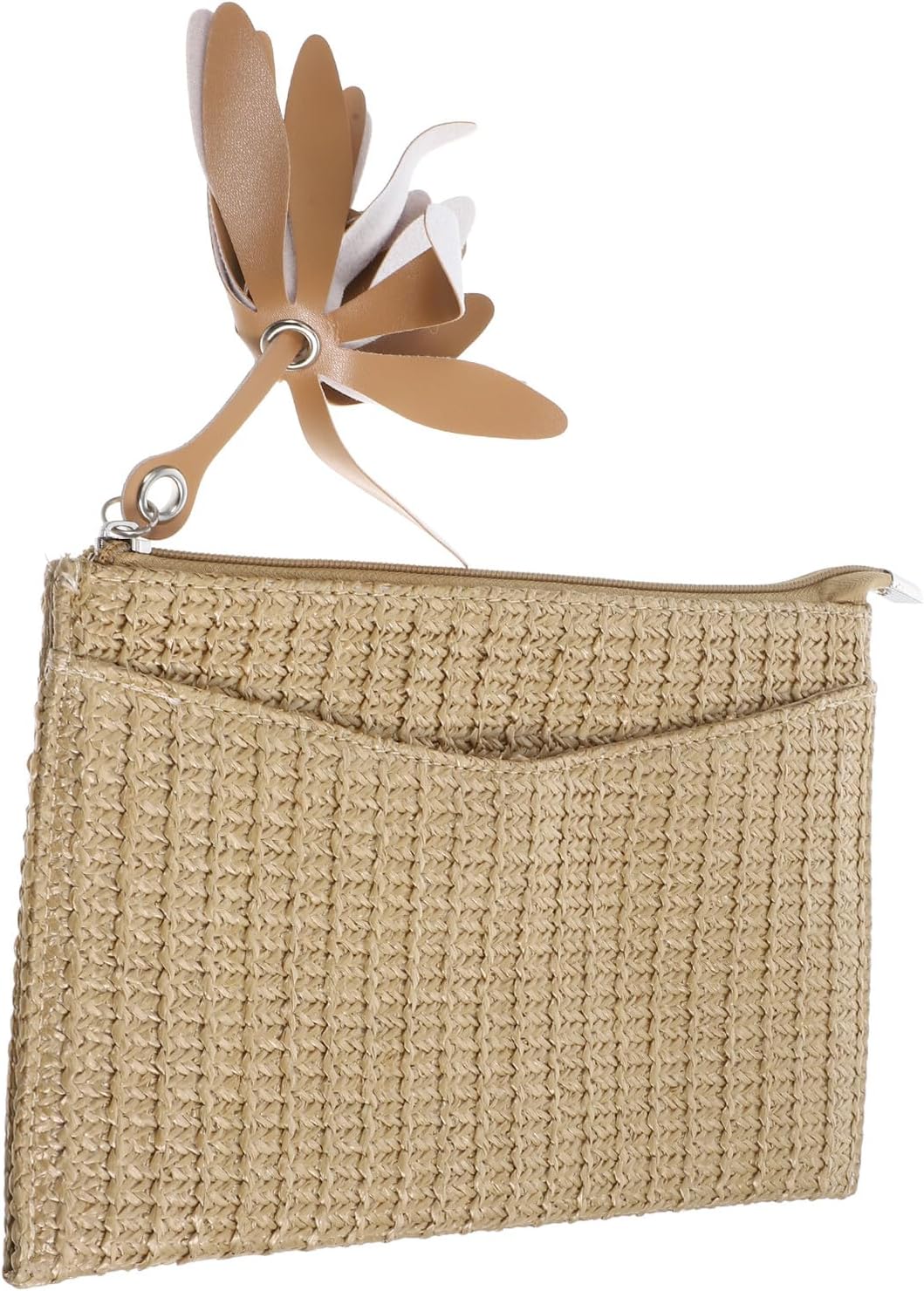 Straw Handbag Clutch Purse for Women, Woven Handheld Bag with Zipper, Large Capacity Summer Beach Bag, Almond Color Holiday Style