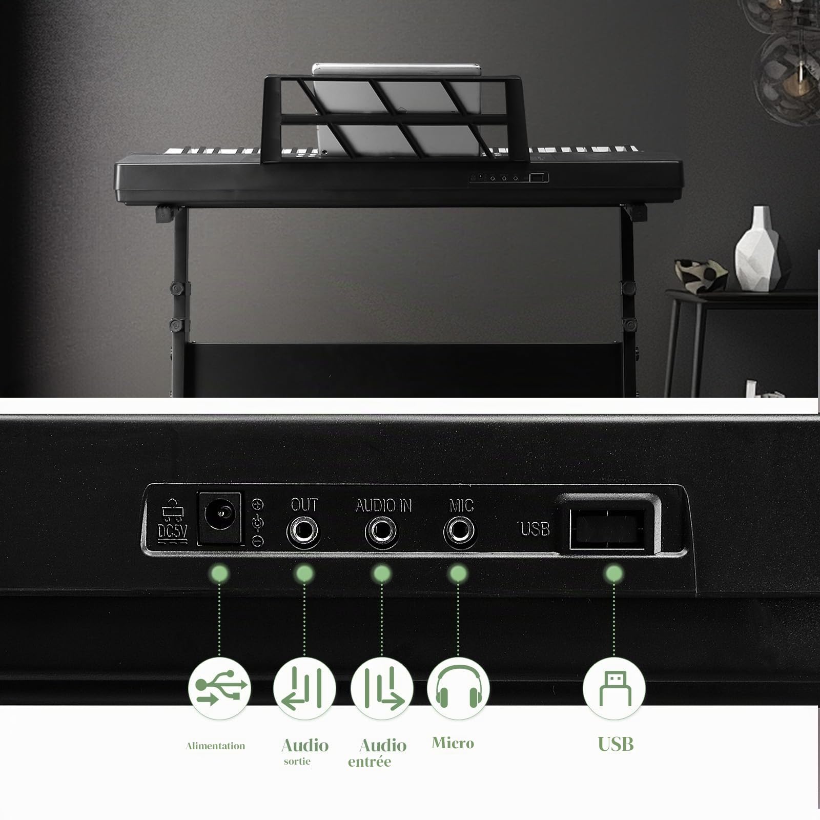 Bonnlo GEP-203 Clavier Piano 61 Touches avec Support & Tabouret de Piano, Haut-Parleurs Intégrés, Casque, Microphone, Pupitre, Écran LED, 3 Modes d'apprentissage pour Piano Débutants, Noir