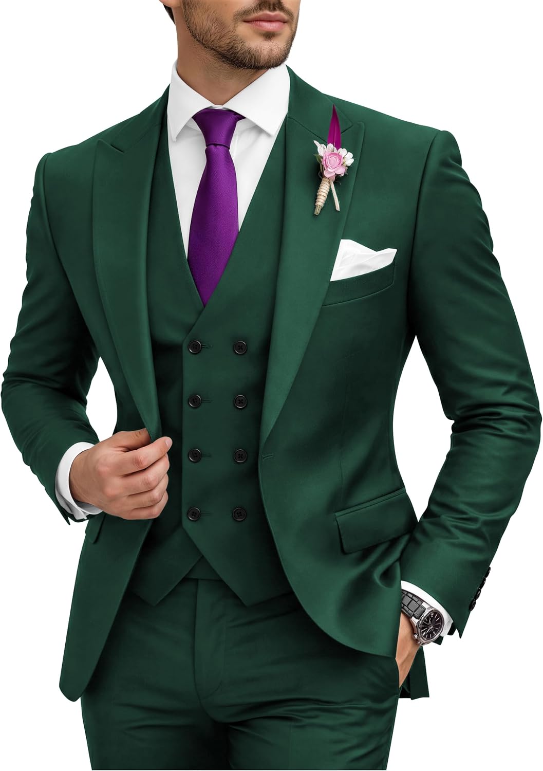 Wangyue 3 Piece Suit Slim Fit Double Breasted Mens Suits for Wedding Party Formal Prom One Button Blazer Vest Pants Sets
