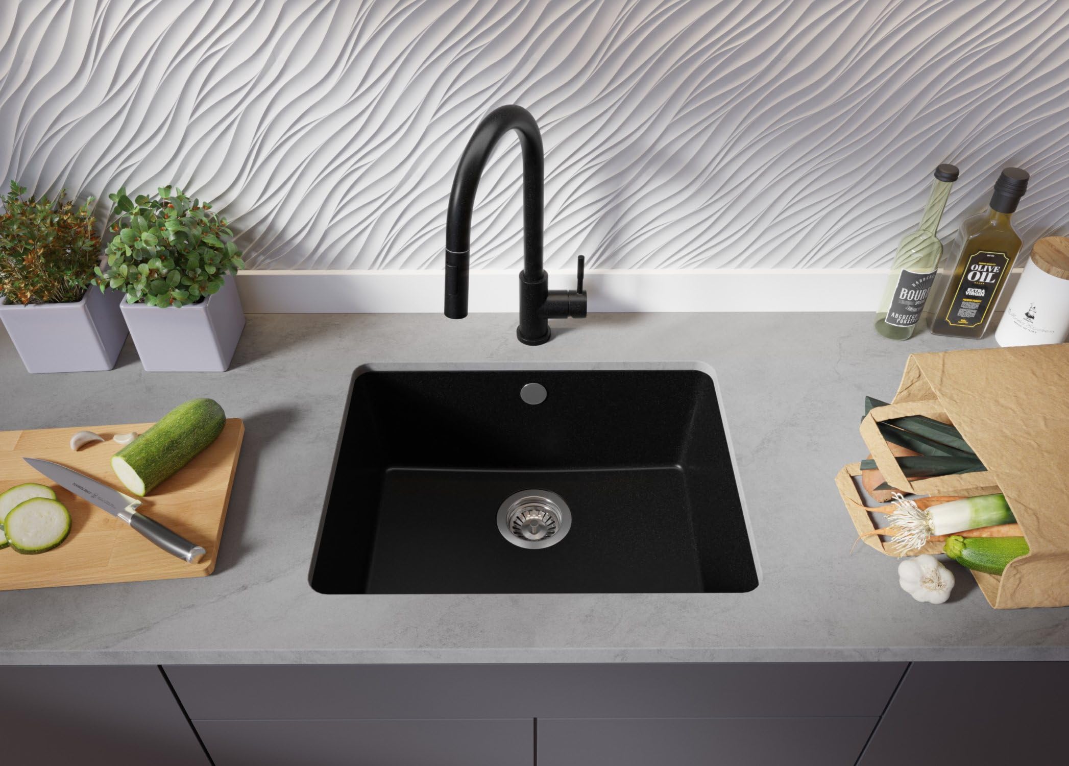 PRIMAGRAN Fregadero bajo Encimera Todo Negro 56x44cm, Cocina 1 Seno + Sifón, Granito al Mueble 60cm - Venecia Easy S067