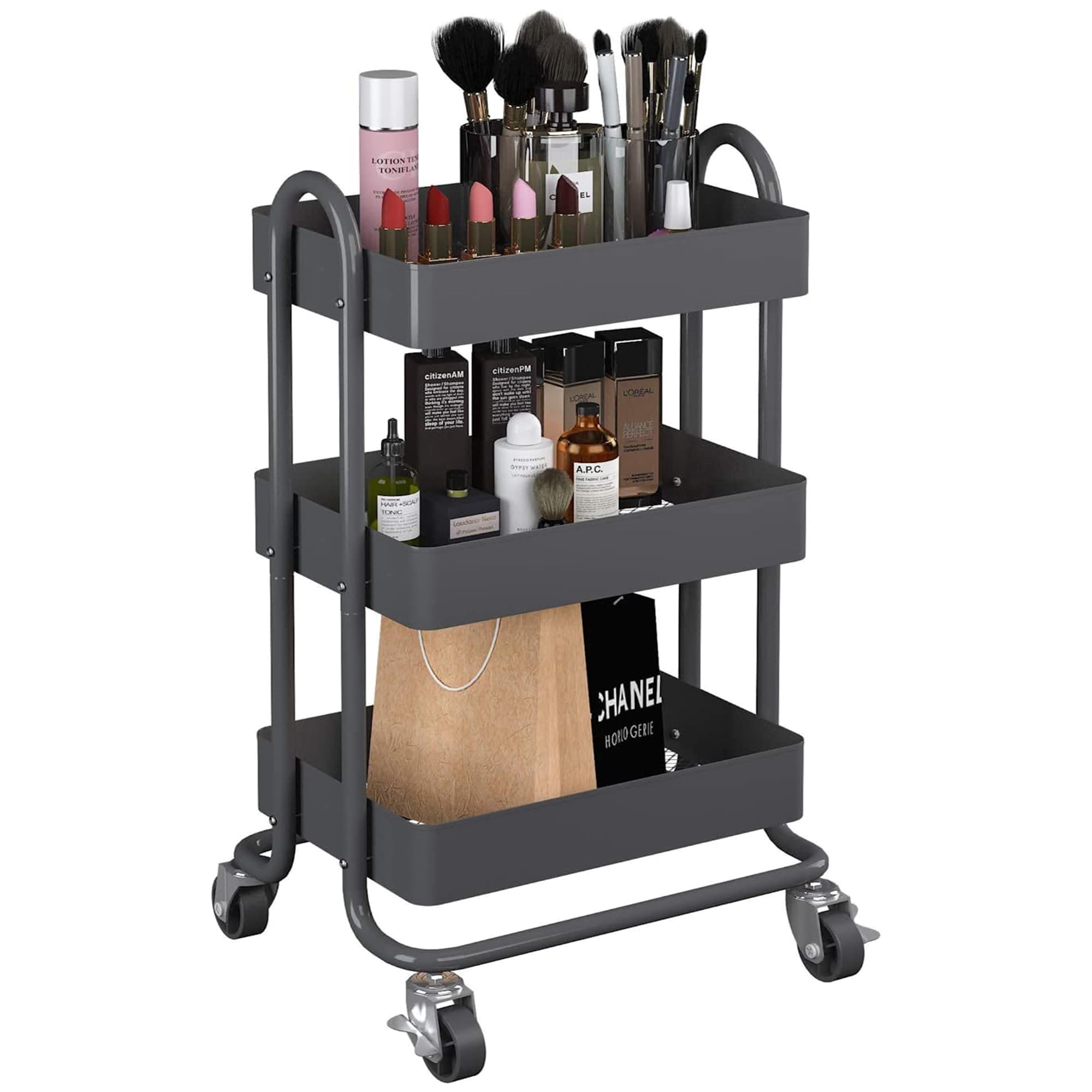 3-Tier Rolling Cart,Kitchen Storage Rolling Carts with Wheels,Metal Rolling Utility Cart with Handle Grey Rolling Carts for Nursery,Kitchen,Bathroom,Craft Room?13.4"x18.1"x31"? Dark Grey