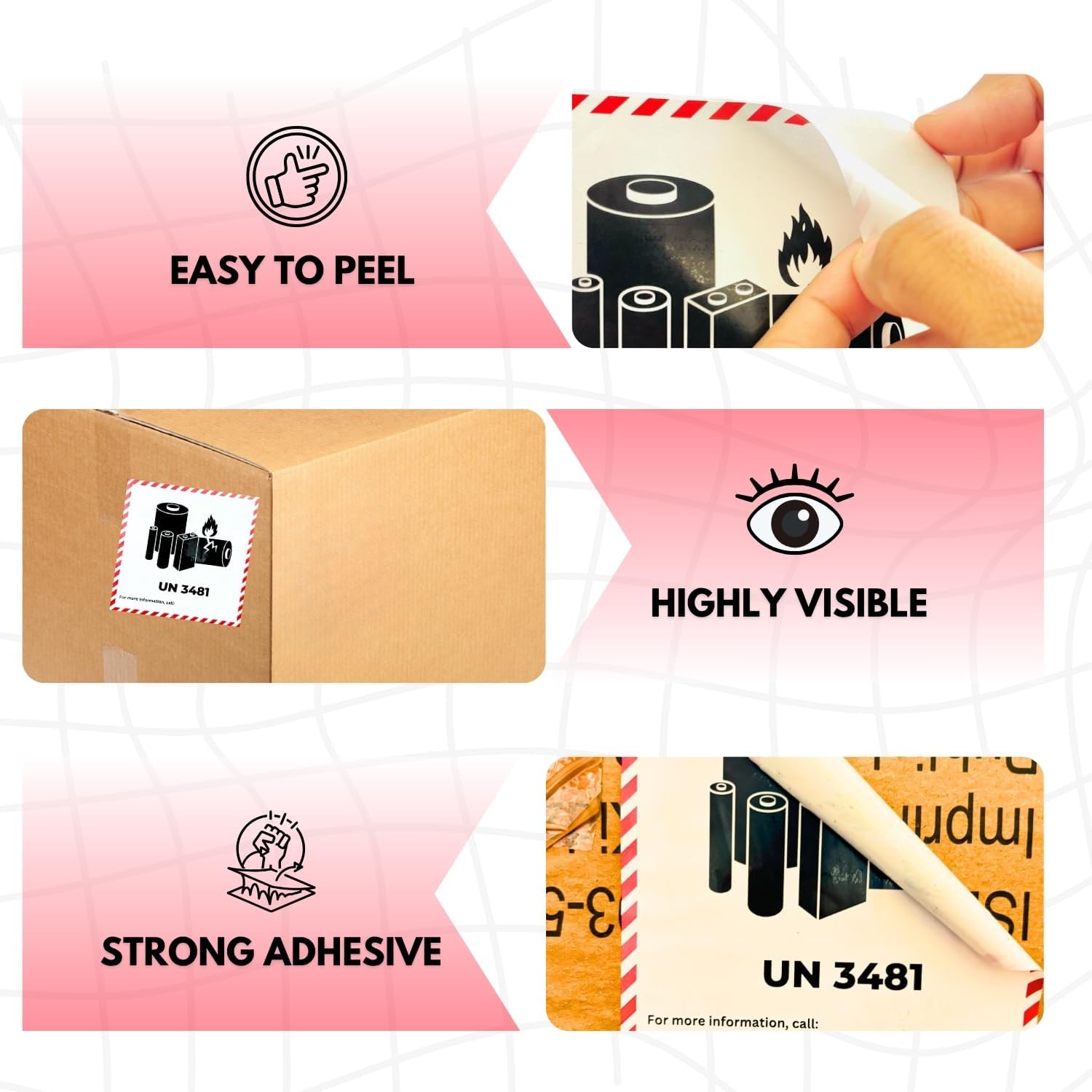 Great Eastern 500 Pcs – UN 3481 Lithium Ion Battery Caution Labels – 4" × 4" Hazard Warning Stickers | Strong Adhesive for Shipping, Packaging, Transport & Fragile Handling Labels (1 Roll)