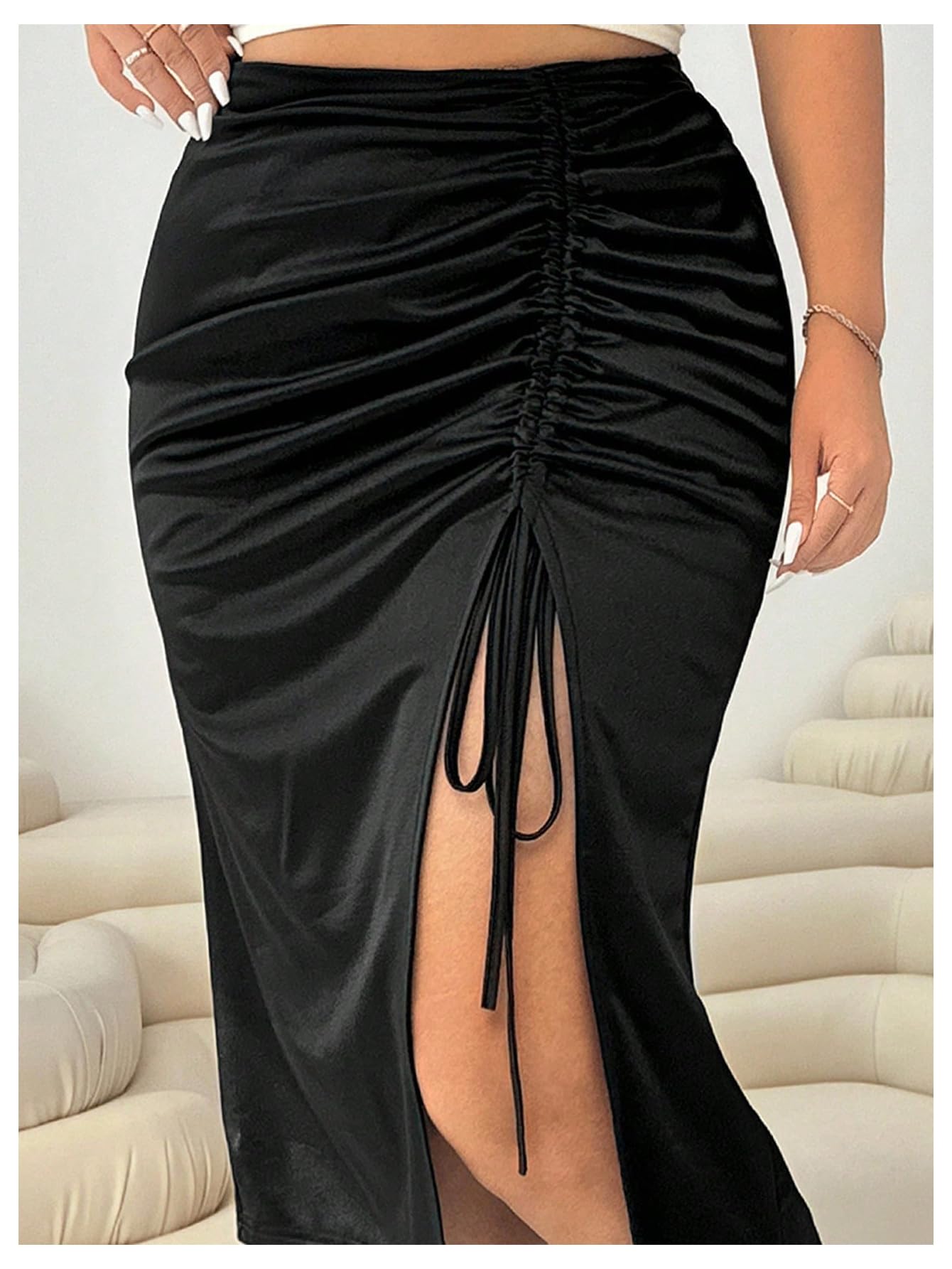 WDIRARA Women's Plus Size Checkered Ruched Midi Skirt High Waist Split Thigh Pencil Skirts: 5X-Large Plus Multi Leopard