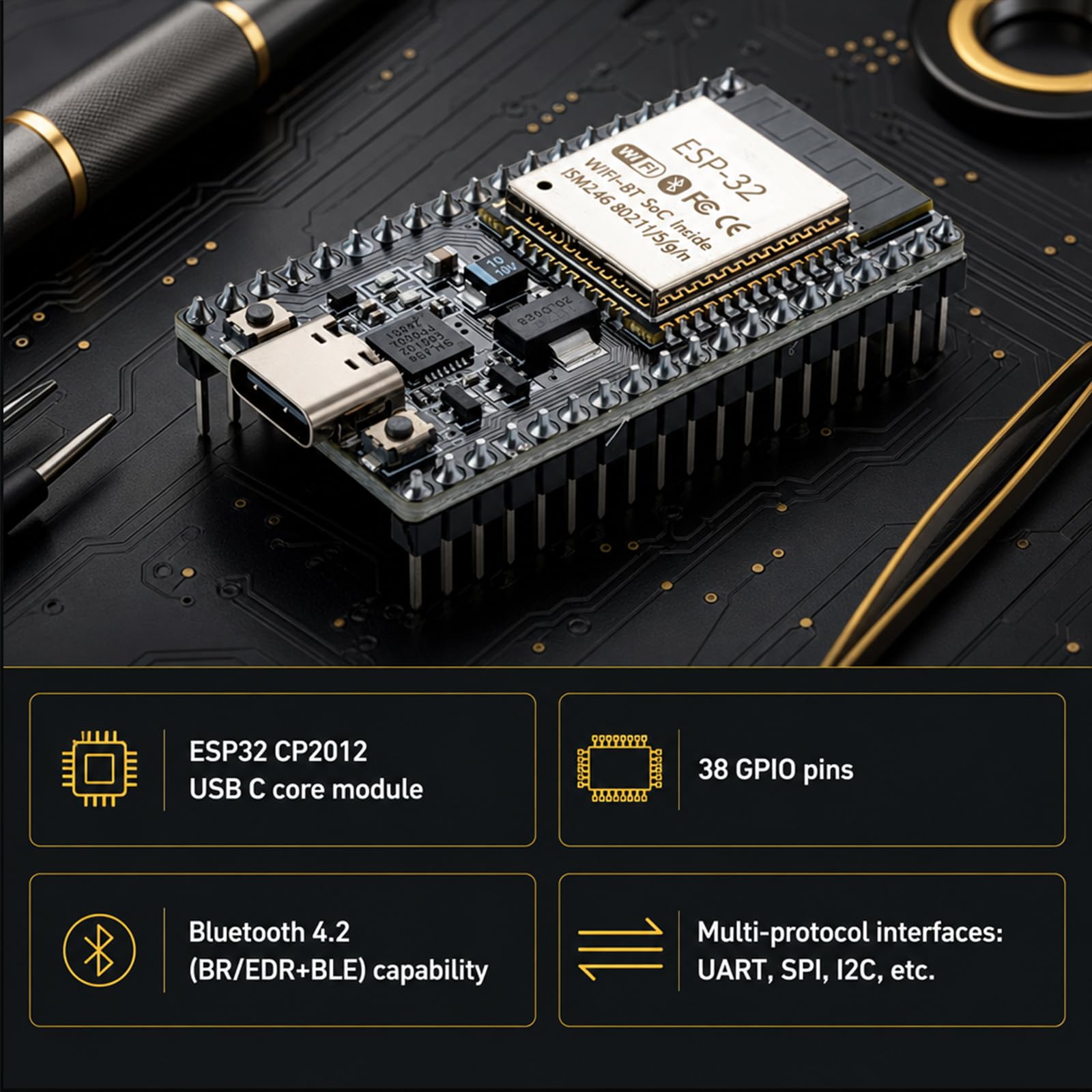 3-pak modułów płytki rozwojowej ESP32-DevKitC-32 (ESP-32D, ESP-32 CP2012 USB C z 38 pinami), obsługujące STA/AP/STA+AP, z dwurdzeniowym Wi-Fi + Bluetooth i interfejsem typu C.