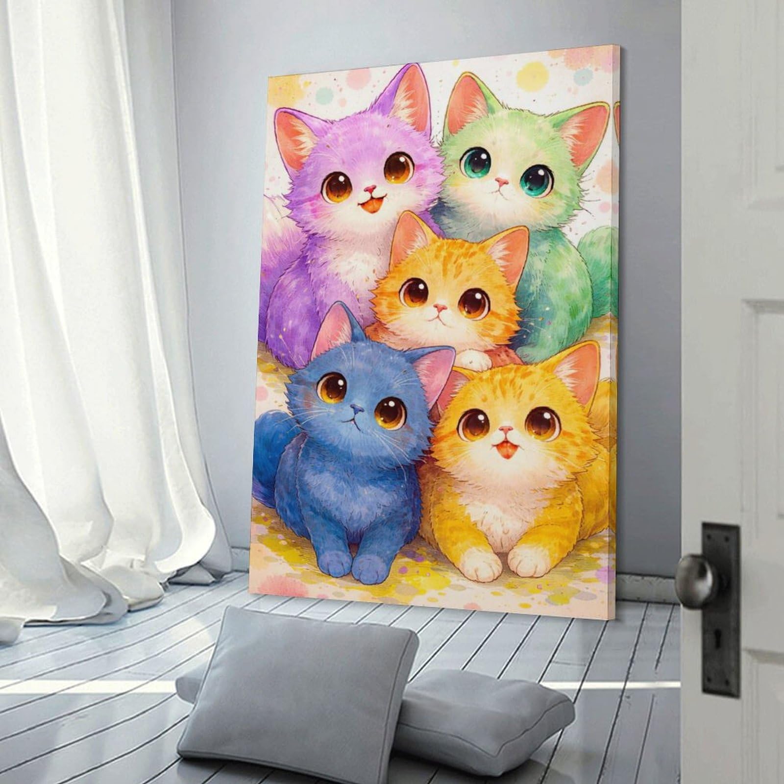 Junmoney Group of Cute Colorful Kittens Decorative Wall Artwork 24x36inch(60x90cm), for Home Lounge, Bedroom Or Reading Nook, Easy Decor for Gallery Walls