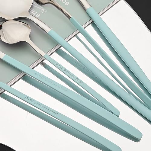 Miniatura 3 de JASHII Juego de cubiertos de acero inoxidable 1810 pulido con espejo, color verde menta y plateado, servicio para 4, cuchillo de cena, tenedor,