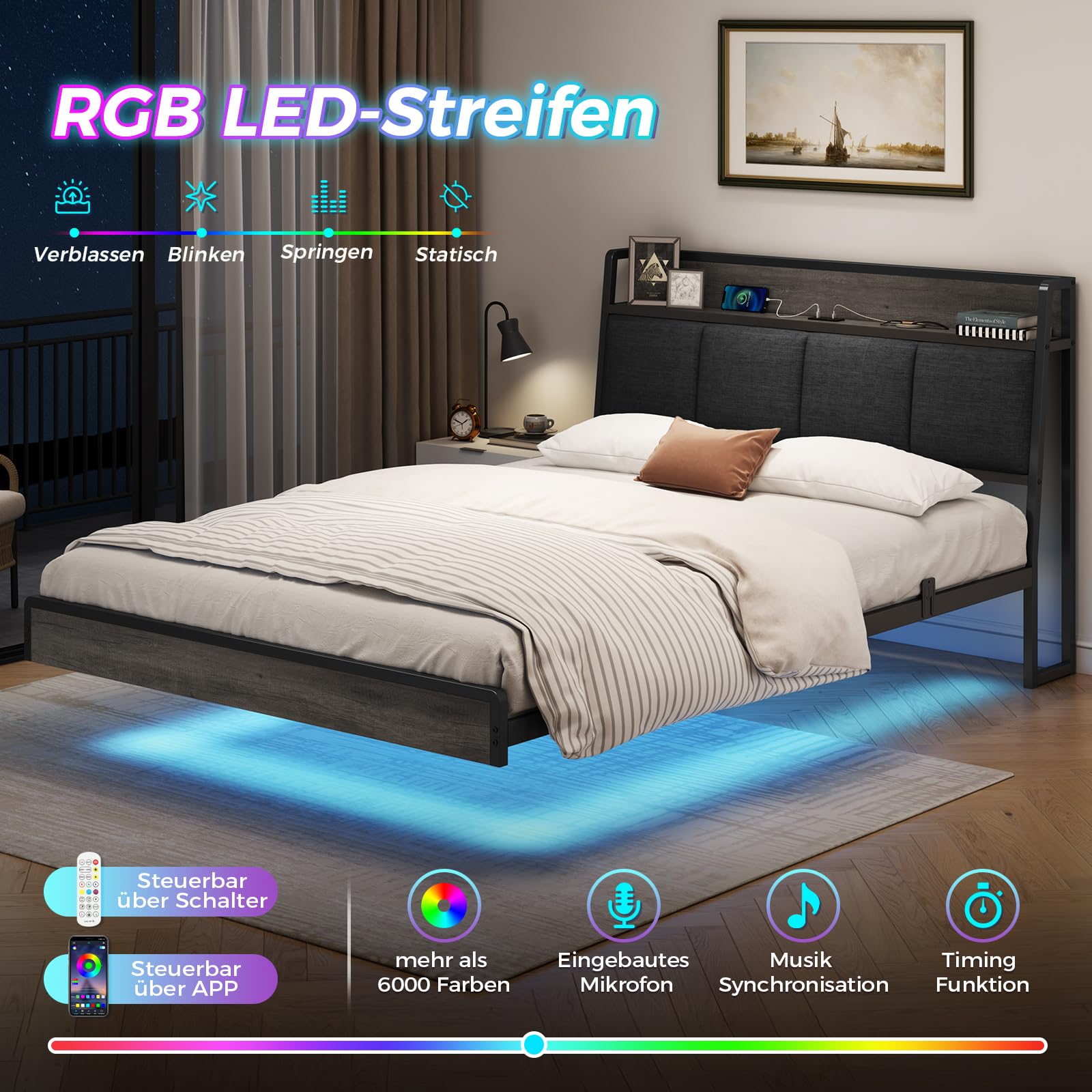 KIMENICH Bett 140 x 200, Bett mit LED-Beleuchtung, Polsterbett 140x200, Schwebender visueller Effekt, Ladestation, Bettgestell mit Lattenrost, für Schlafzimmer, Gästezimmer, Leinenstoff Grau