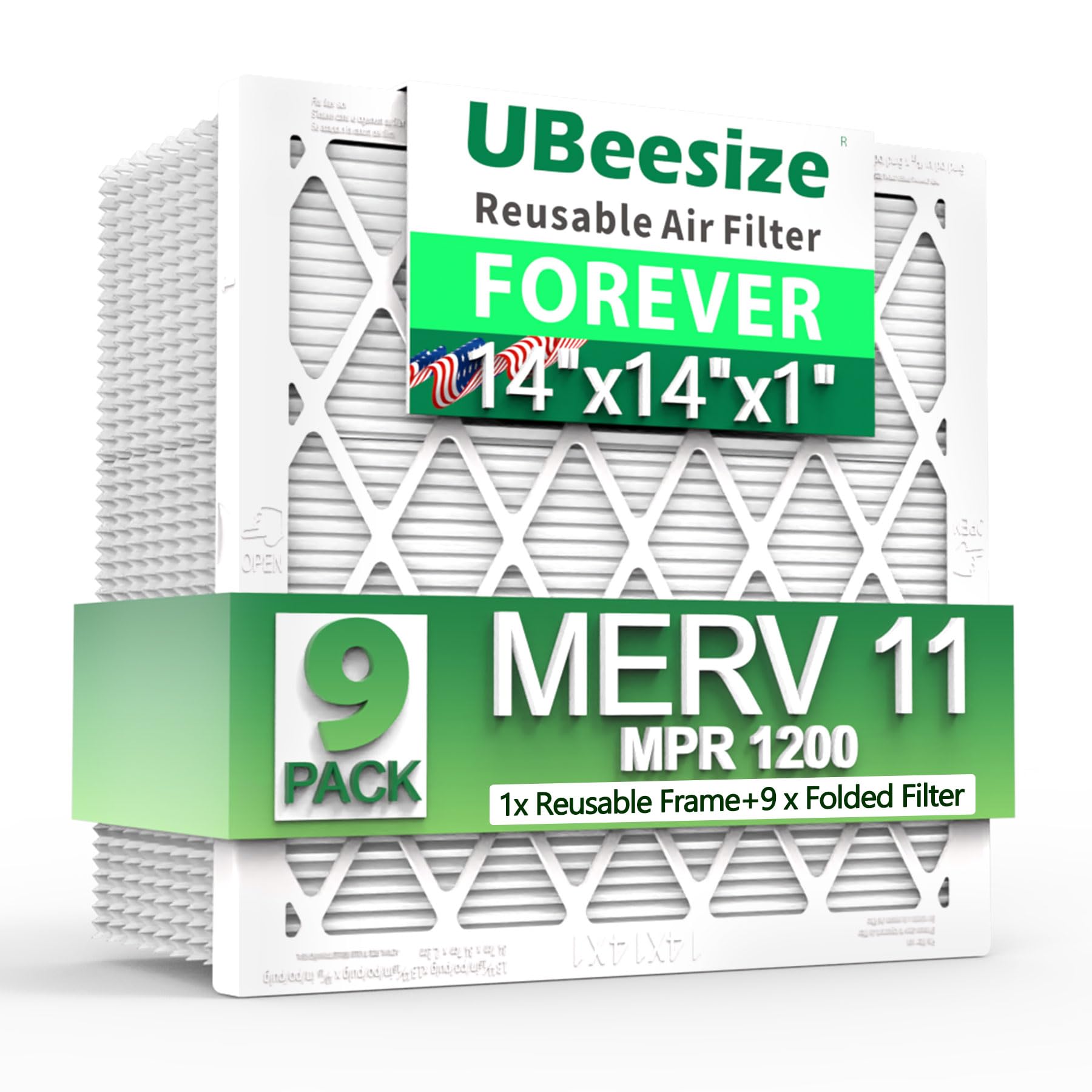 Photo 1 of UBeesize Reusable Air Filter 14x14x1 (9-Pack), MERV 11 MPR 1200 AC/HVAC Furnace Filters,Deep Pleated Air Cleaner, (Actual Size 13.5" x 13.5" x 0.8"),1x Reusable ABS Frame+9 x Filter,Breathe Fresher 14x14x1 1 frame+9 filter MERV11