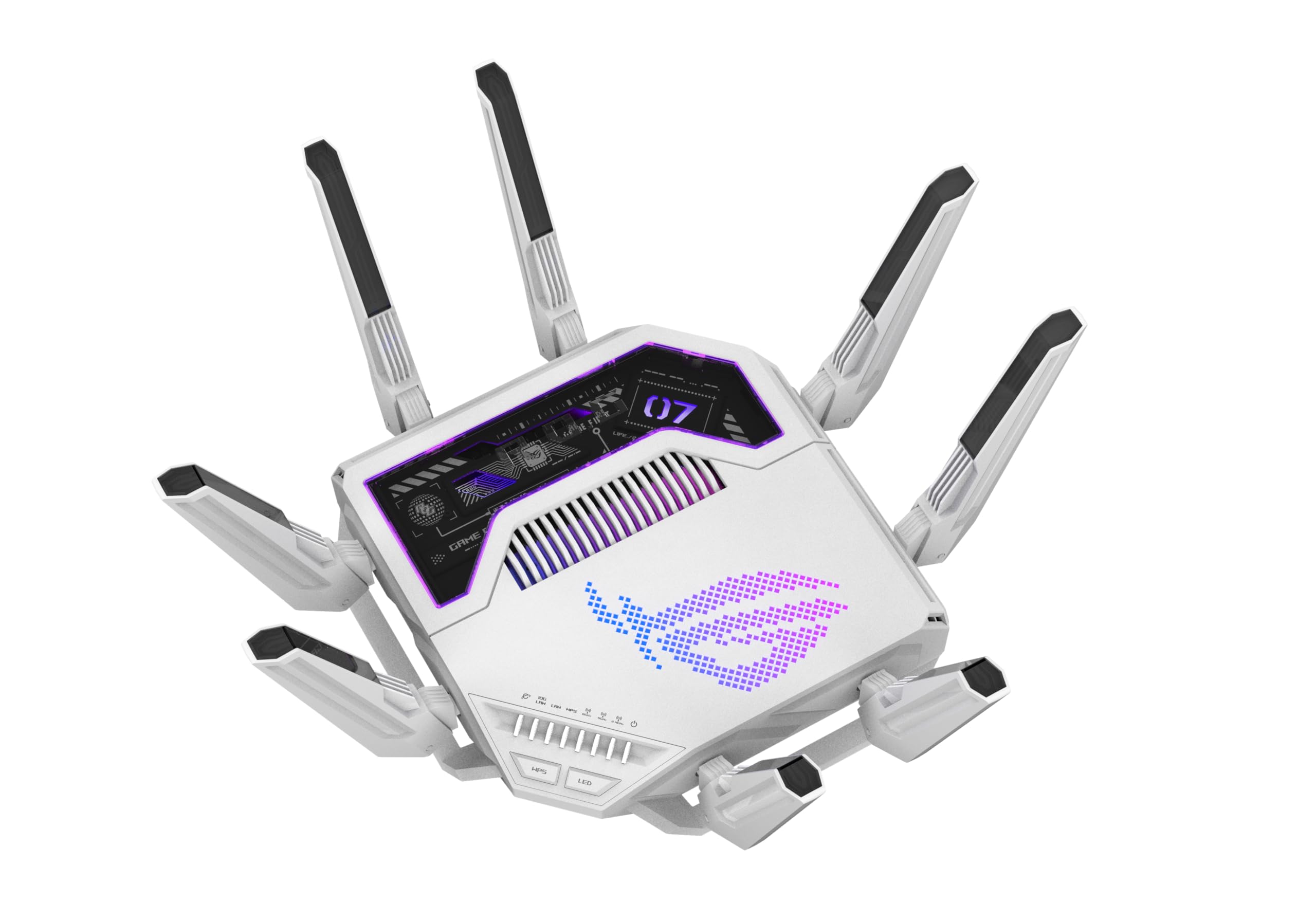 ASUS GT-BE19000AI Router de Juego AI Tri-Band WiFi 7 (802.11be), Ancho de Banda de 320 MHz y 4096-QAM, MLO, Dos Puertos 10G, AI Game Boost, Red de Juegos, Aura RGB, Soporte AiMesh, Guest Network