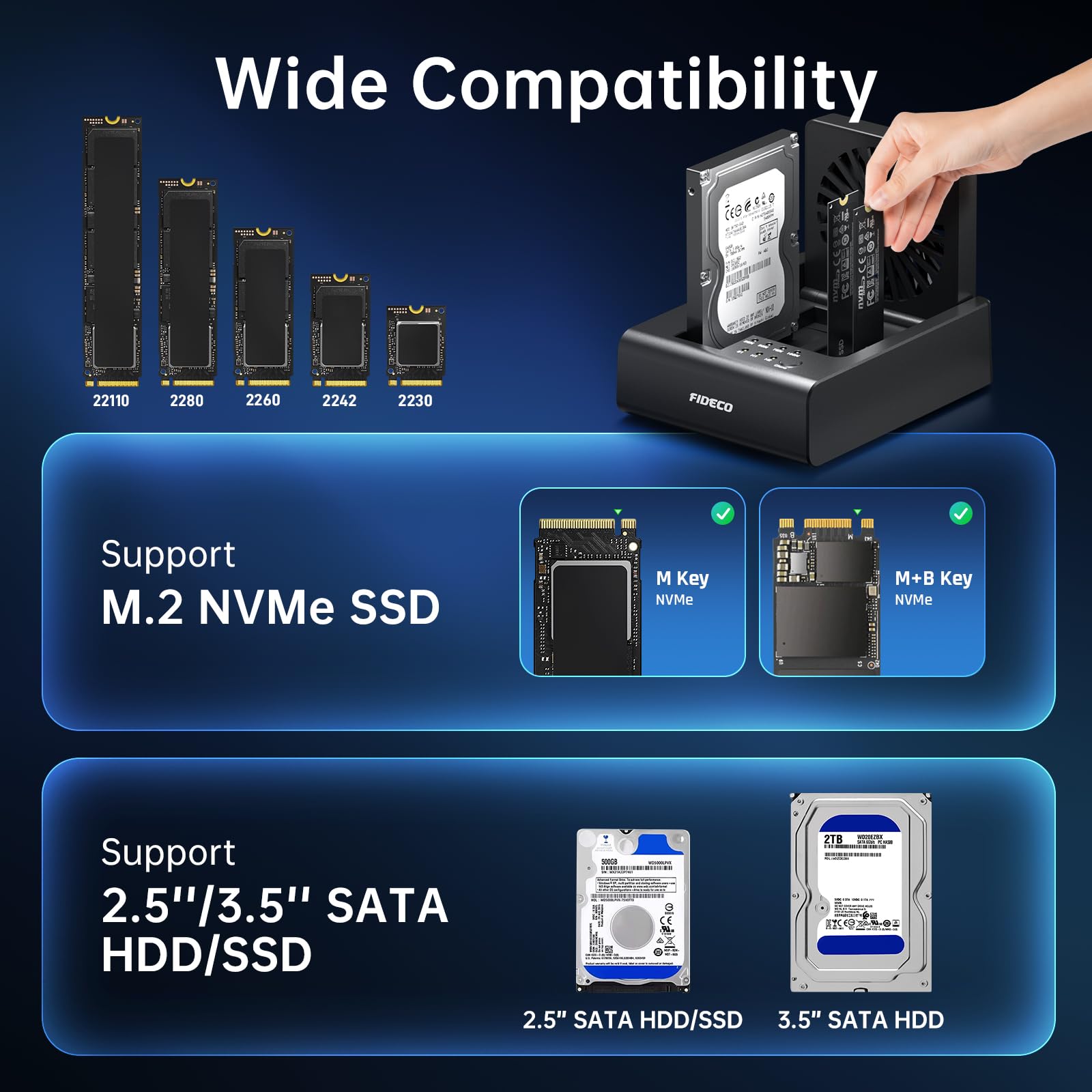FIDECO Estación de Clonación para HDD y SSD NVMe M.2, USB 3.2 Gen 2 (10Gbps), Estación Clonadora de 3 Bahías para SSD NVMe M.2 y Discos Duros SATA 2,5"/3,5", con Ventilador Abatible