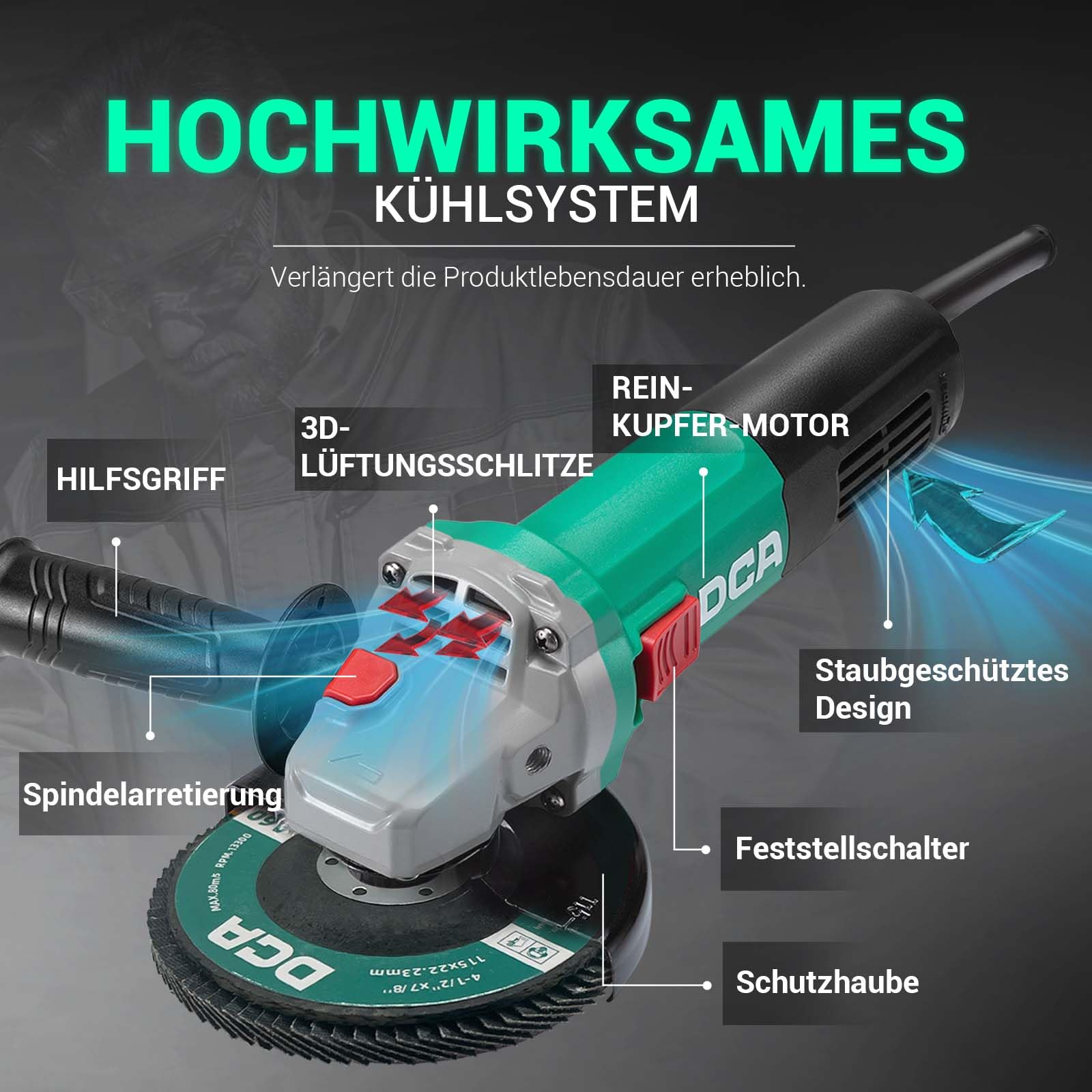 DCA 860W Winkelschleifer 125 mm, 11.800 min⁻¹, Ultraschlanker Griff (178 mm Griffumfang), Kompaktes Getriebegehäuse, 1,6 kg Leichtgewicht Trennschleifer zum Schneiden und Schleifen