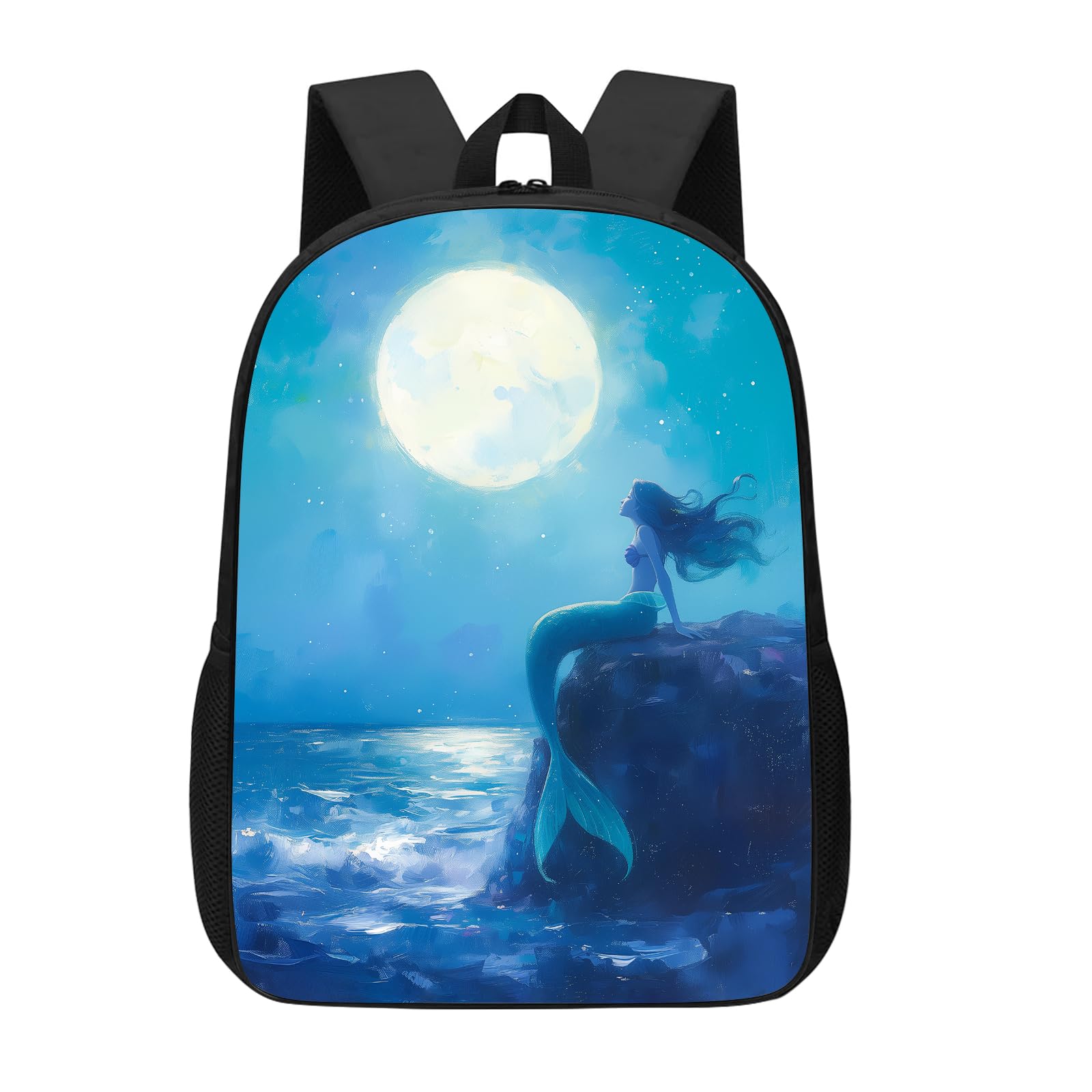 SKT T1 Girls Mermaid Backpack Blue Mermaid Sitting on The Seaside at Moon Night School Backpacks for Girls Kids, Cute Ocean Fish Kindergarten Elementary Bookbag Laptop Bags Casual Daypack 17"