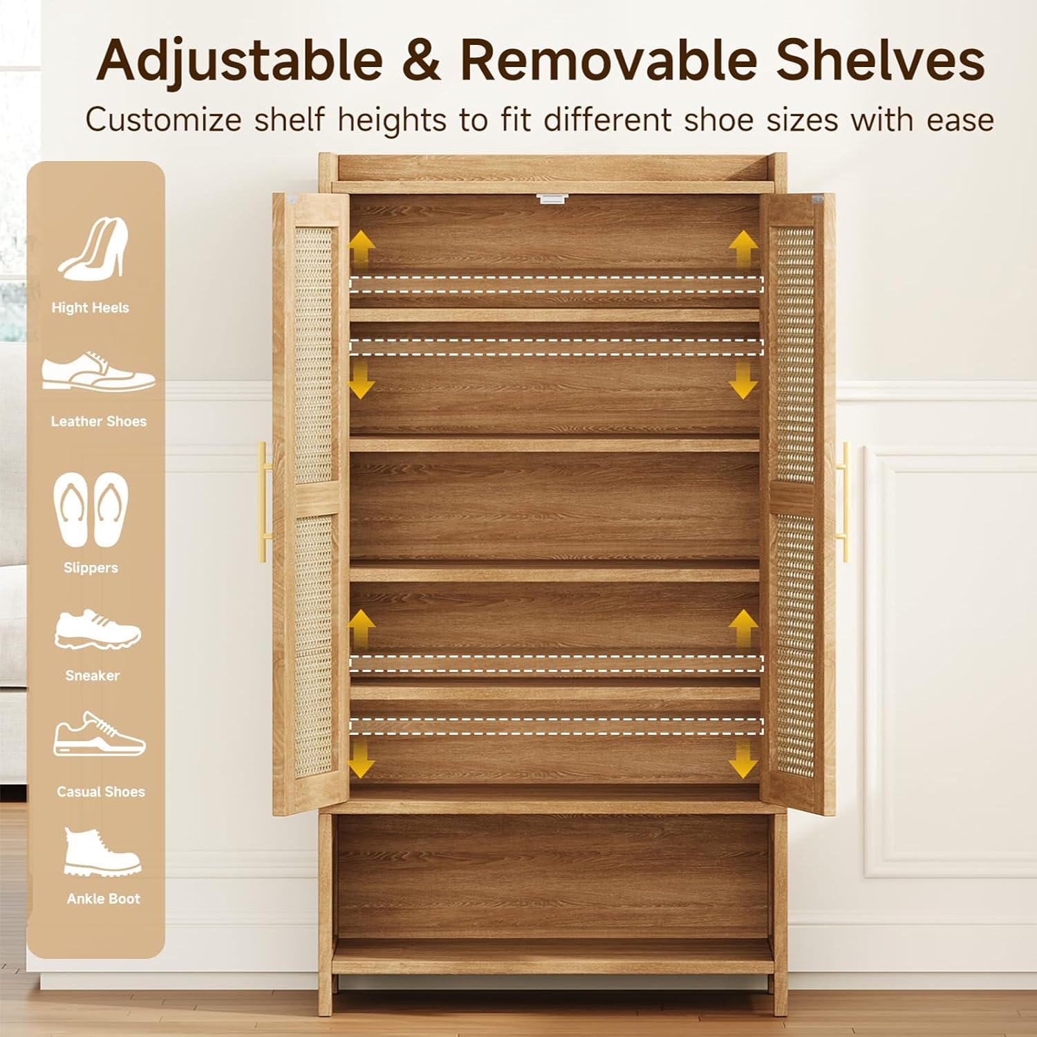 Narrow Shoe Cabinet with 2 Doors, 6-Tier Rattan Tall Shoe Storage Cabinet with 2 Adjustable Shelves & Wooden Legs, 46.3"H Slim Shoes Rack Organizer Cabinet for Entryway, Hallway, Natural Oak