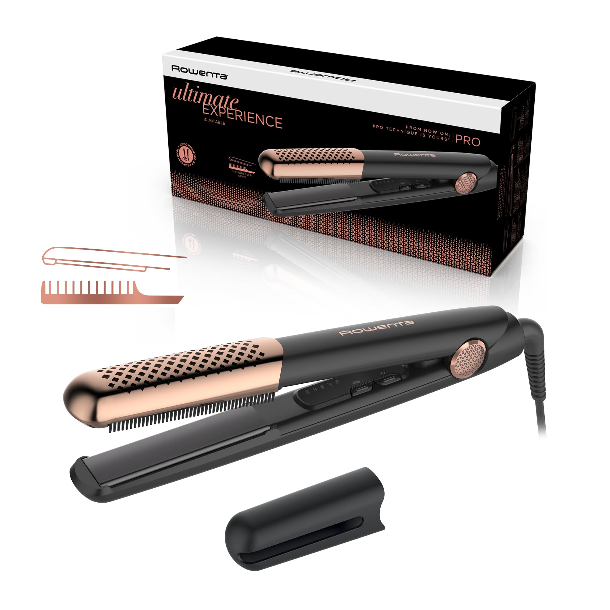 Rowenta Ultimate Experience Inimitable SF8230 - Plancha y rizador de pelo 2 en 1 con placas flotantes 3d, revestimiento piedra mineral, 5 temperaturas ajustables, para todo tipo de cabello
