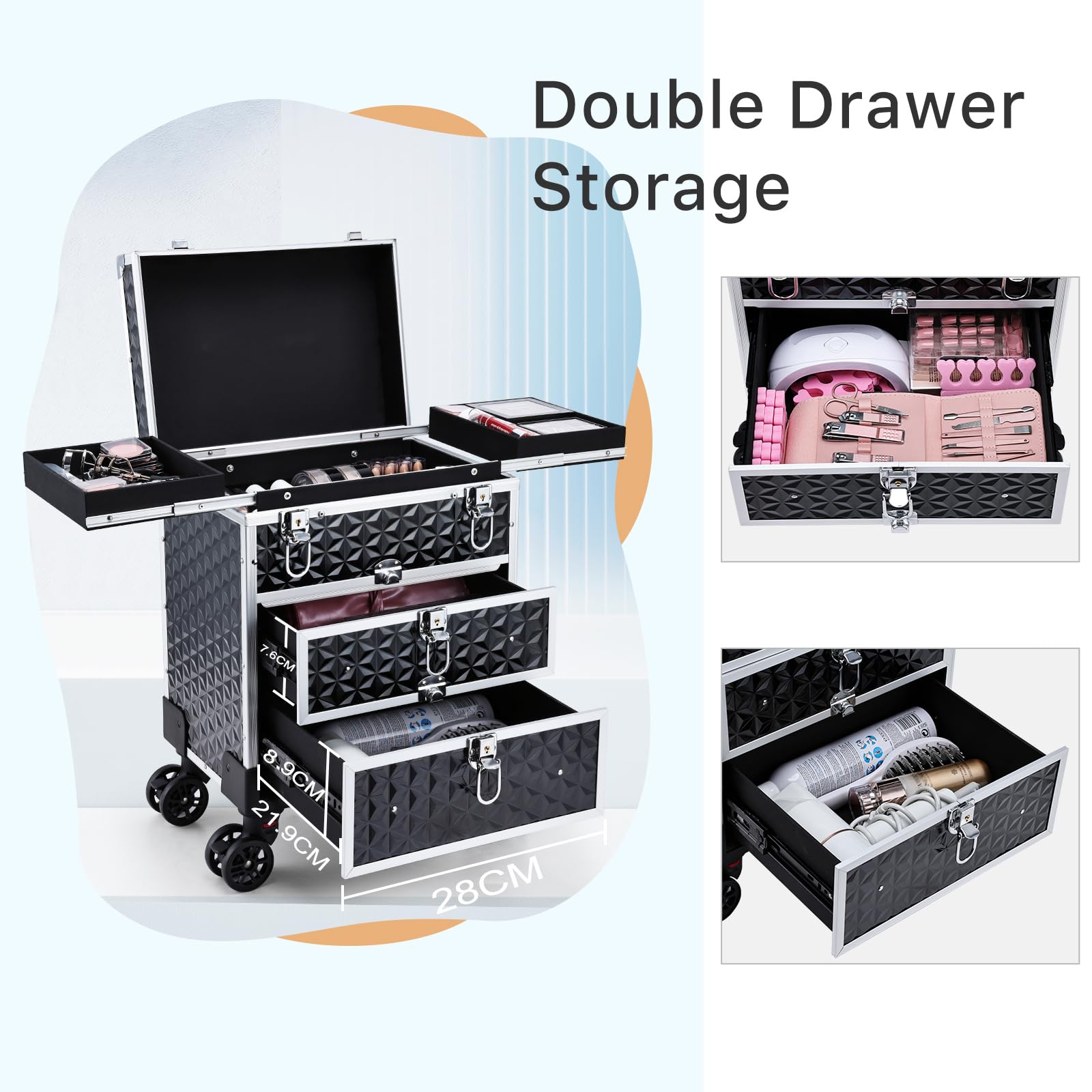 Kosmetik Trolley mit 2 Schublade Kosmetikkoffer Trolley Friseurkoffer mit Rollen Make up Koffer Schminkkoffer Nagelkoffer Abschließbare Beauty Case,Schwarz