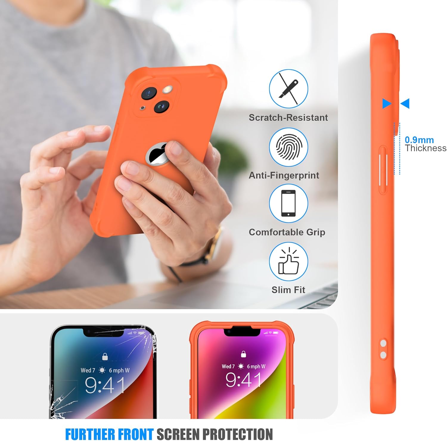 ORETECH for iPhone 14 Case, with [2 x Screen Protectors] [15 Ft Military Grade Drop Test] [Camera Protection] 360° Shockproof Slim Thin Phone Case for iPhone 14 Cover 6.1" -Orange - Image 7