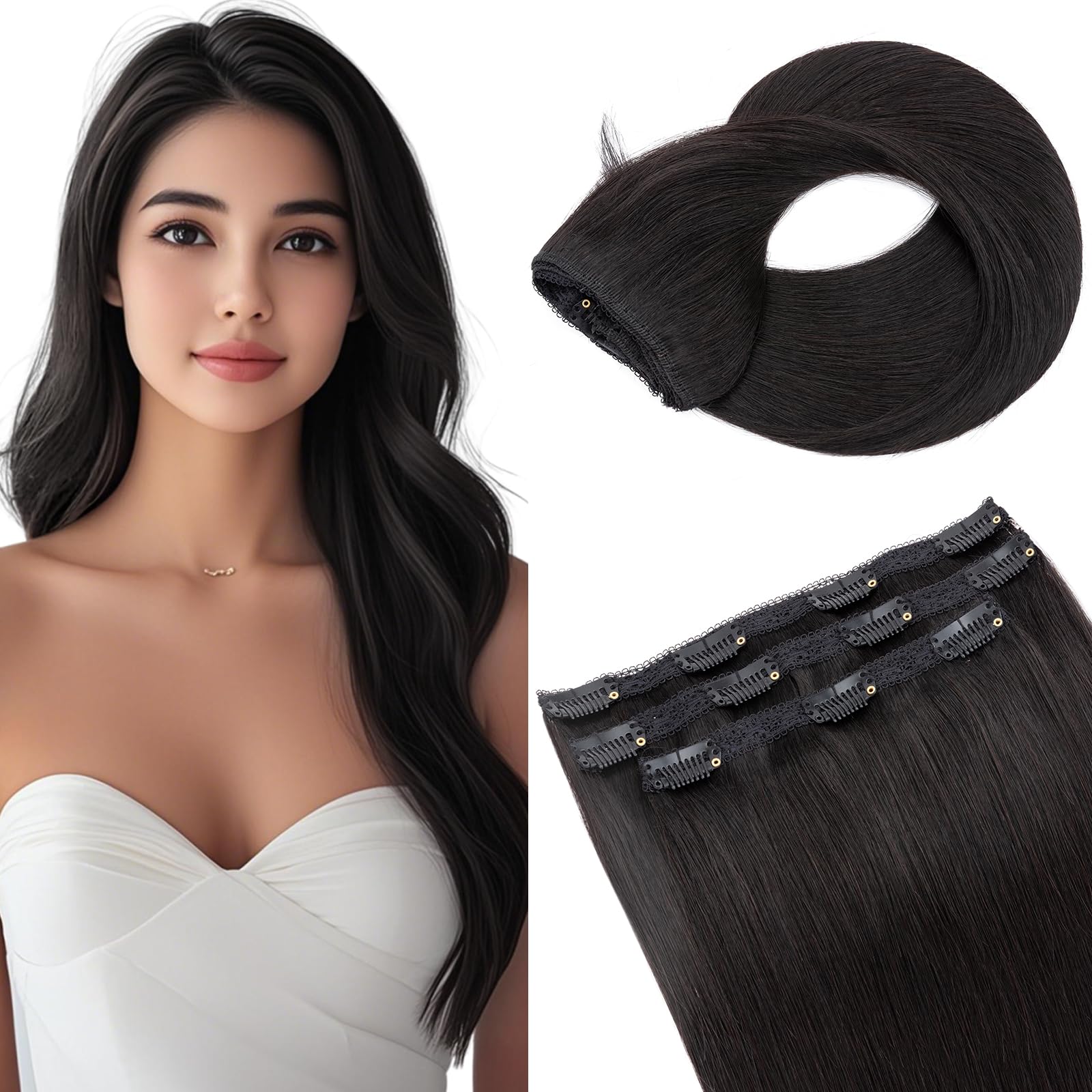 Elailite Clip In Hair Extensions Real Human Hair Remy #1B Natural Black Double Weft Seamless Hairpieces Straight 12 Inch (60 g) 60g 3 Pieces