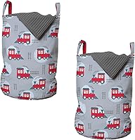 Vista 40 de Lunarable Bolsa de lavandería de tren, patrón de dibujos animados de locomotora dibujada digital con rieles de ferrocarril, cesta con asas, cierre