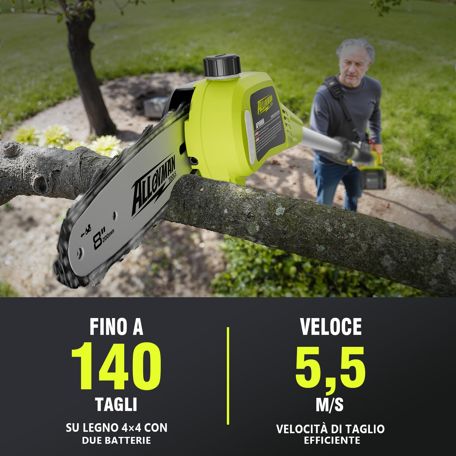 Alloyman Potatore Telescopico a Batteria 20V MAX, sega potatrice elettrica, Sega ad Asta a Batteria, 2 x 4,0 Ah e caricabatterie, Lama da 20 cm, 4KG, Velocità 5,5 m/s, Lubrificazione Automatica