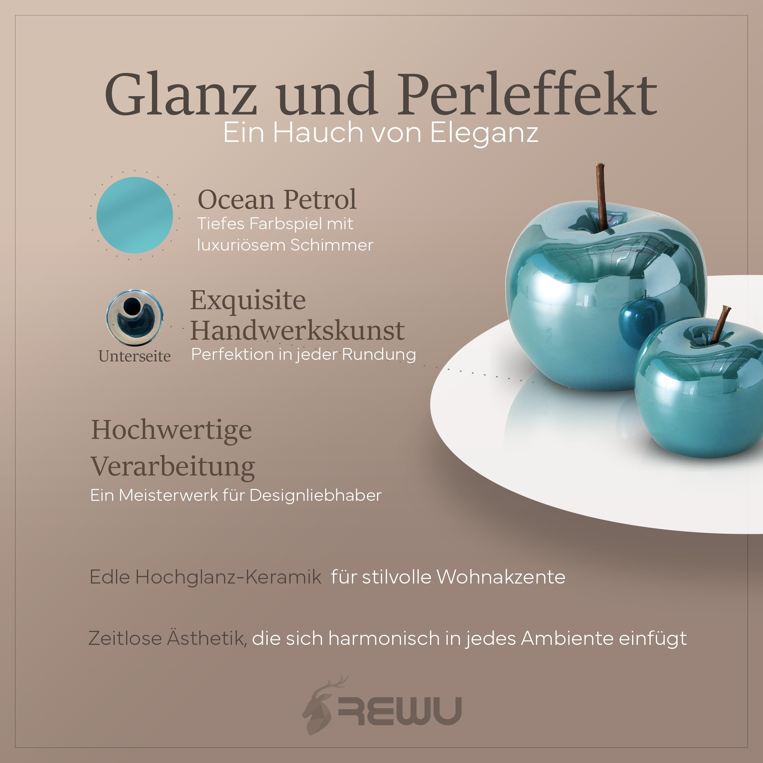 ReWu Zestaw 2 ceramicznych dekoracji jabłek z lasurowanej olejem z połyskiem i efektem perłowym
