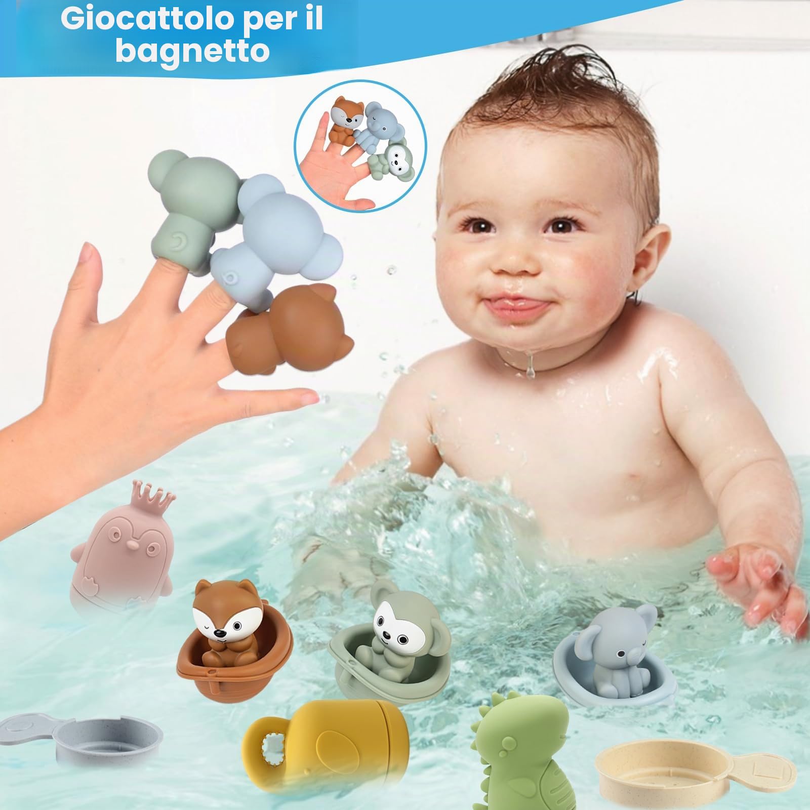 Giocattoli da Bagno Bambini, Giochi Bagnetto, Giocattoli Animali in Silicone con Barchette da Bagno Impilabili e Cucchiaio, Giochi Acqua Giocattolo Che Nuota Giochi Vasca da Bagno Bambini 1 2 3 4 Anni