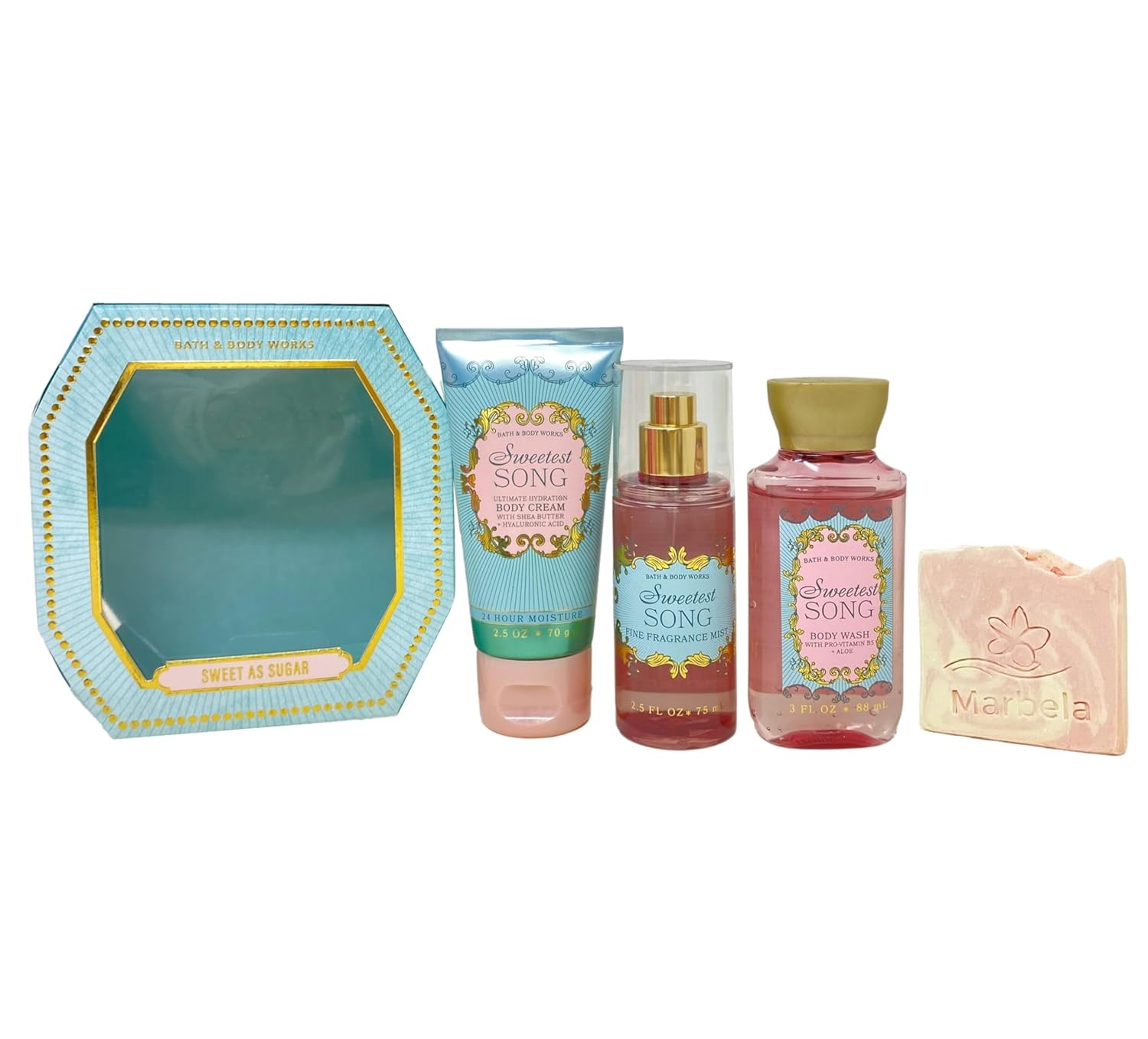 Bath & Body Works Sweetest Song - Sweet as Sugar Mini Gift Bag Trio Set - Body Cream, Fragrance Mist and Body Wash with a Himalayan Salts Sample Soap - Travel Size