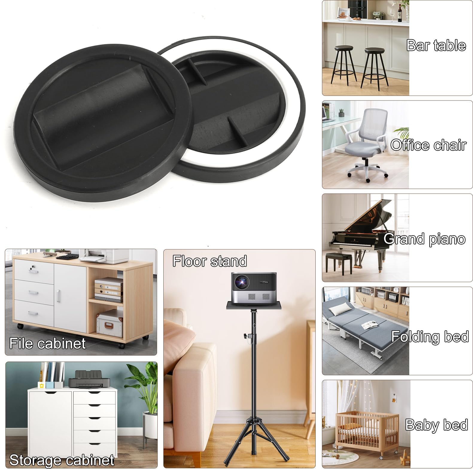 Coppe per ruote mobili, 6 pezzi anti-scivolo, per pavimenti in legno, mantengono tazza sicura con tappi gomma universali nero
