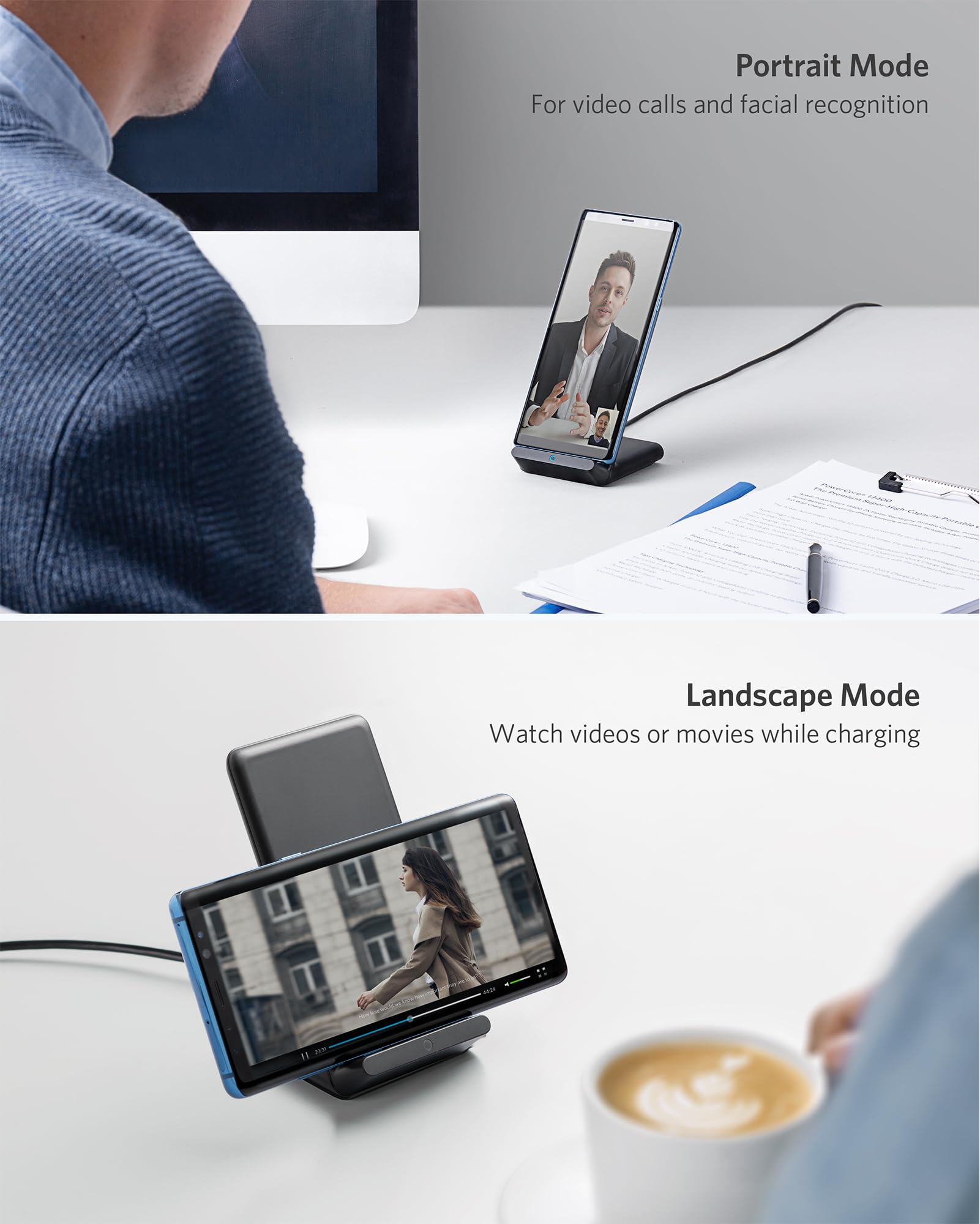 Anker PowerWave 10W Stand Caricabatterie Wireless, compatibile iPhone XR / Xs Max / XS / X / 8/ 8 Plus, ricarica rapida per Galaxy S10 / S9 / S9 +/ S8 / S8 + / Edge S7 / Note 8