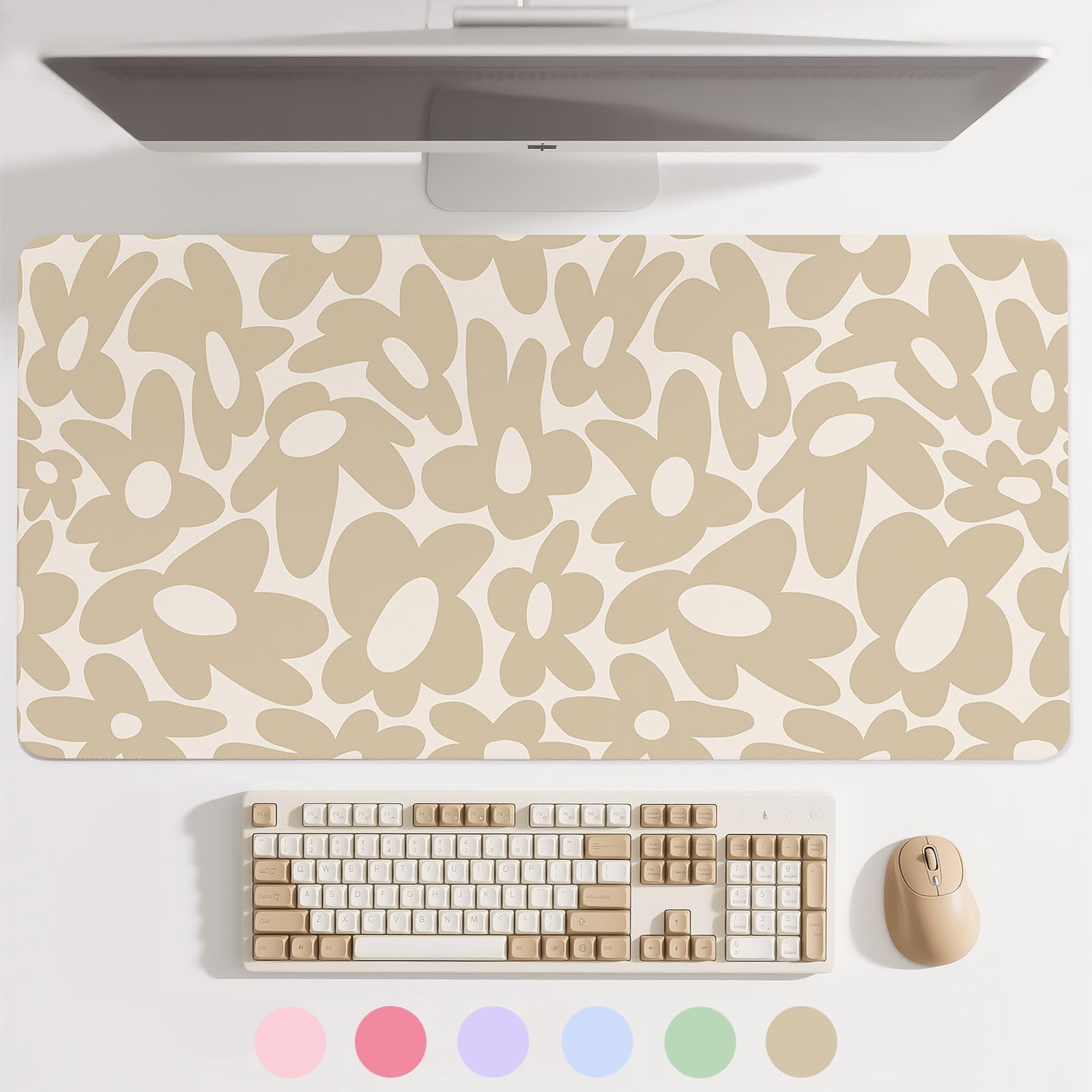Cute Aesthetic Beige Computer Desk Keyboard Pad Mat Beige for Keyboard and Mouse, Large Mouse Pad Keyboard Mats for Desk (31.5" x 15.8")