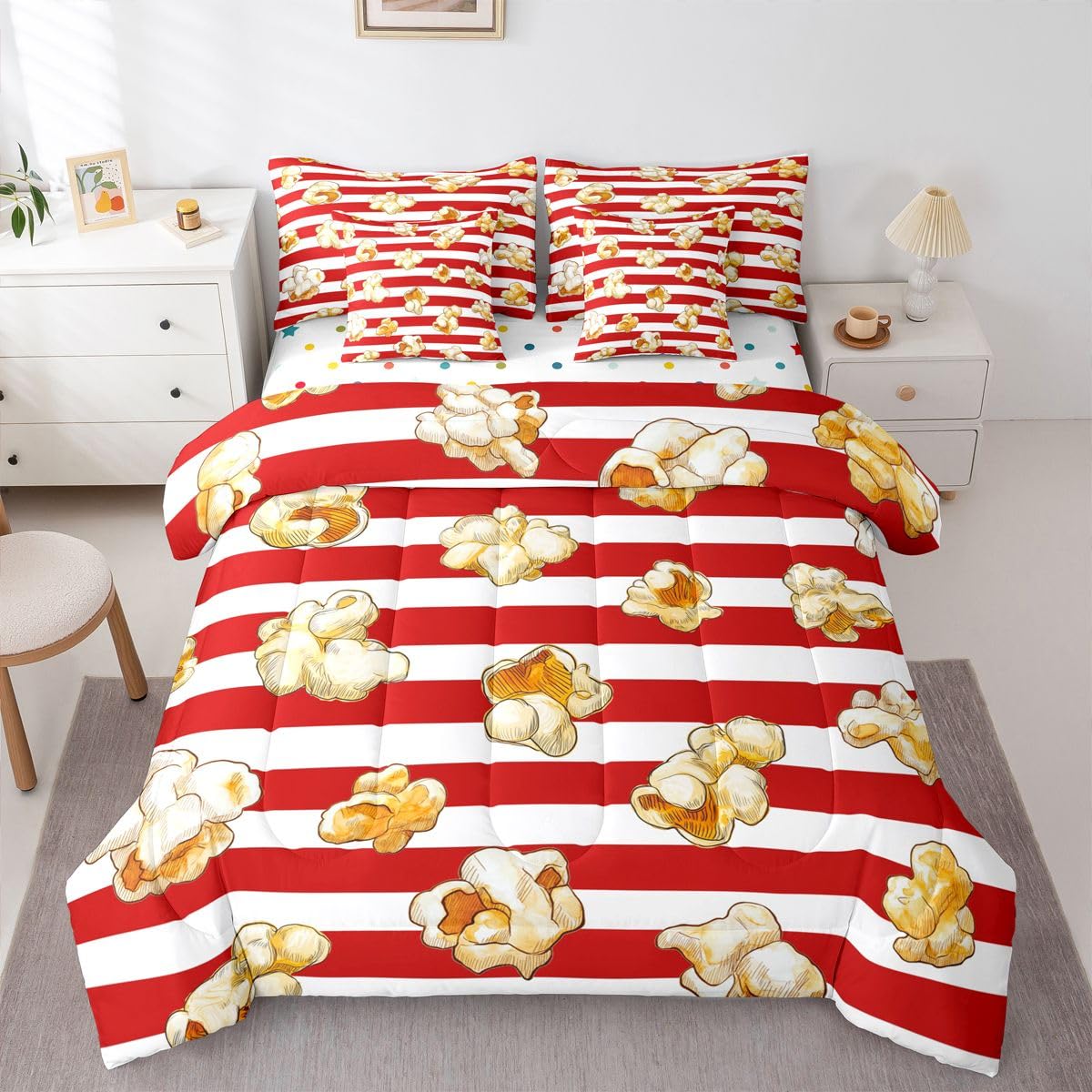 Homemissing Tema del film Piumino Letto con lenzuola 7 pezzi 135x200cm Popcorn Stampa Letto Trapuntato per ragazzi strisce con Piumino Geometric Room Decor
