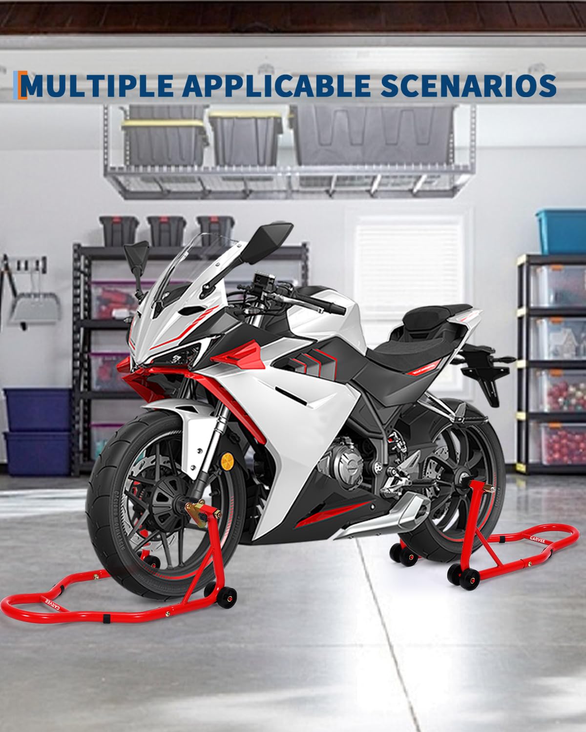 Garvee Supporti per moto anteriori e posteriori, set di sollevamento ruote anteriori e posteriori da 408,2 kg con adattatori a pin + bobina per braccio oscillante regolabile a L, supporti universali