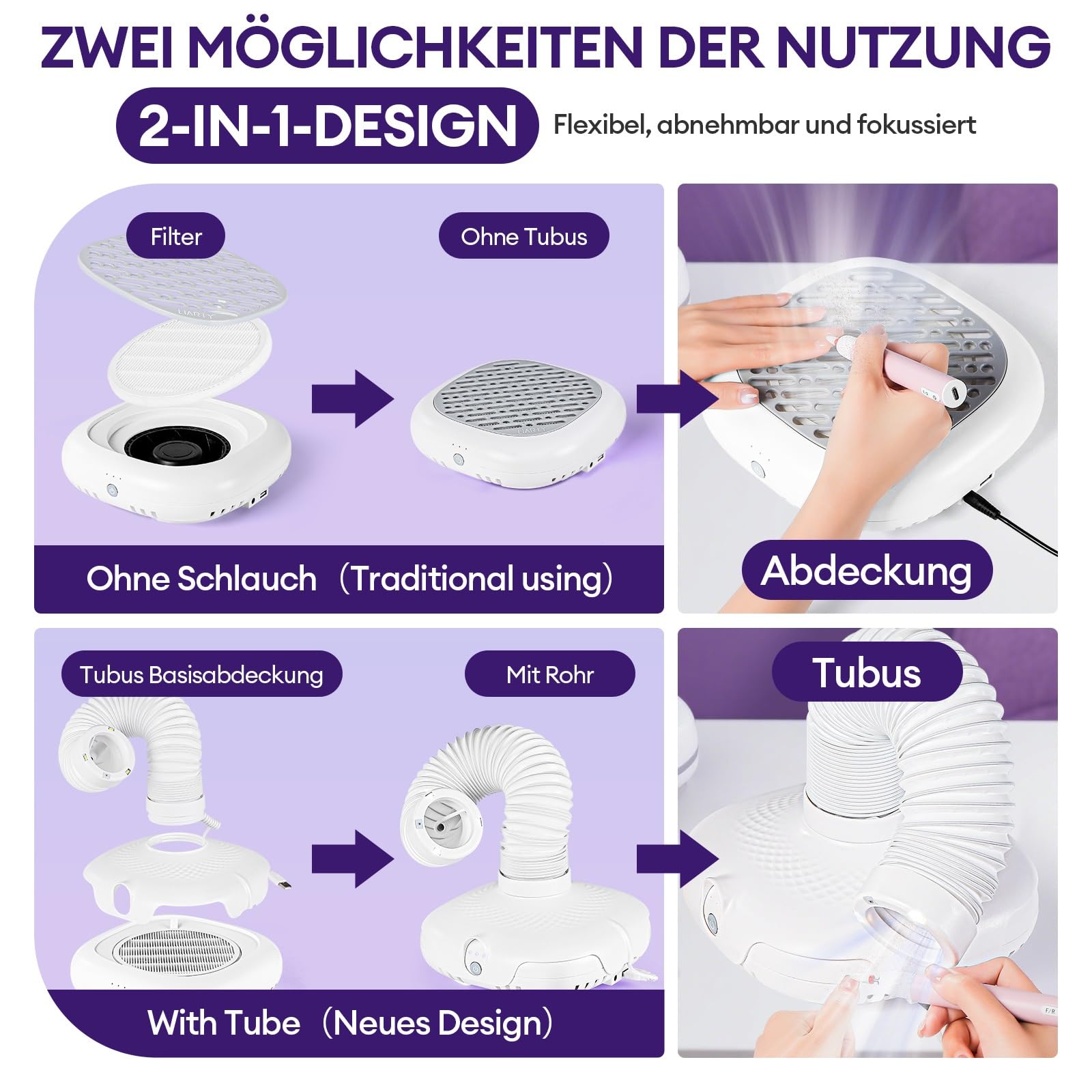 130 W máquina de recogida de polvo de uñas con luz LED y tubo flexible de 360°: succión ajustable en 3 niveles, ultra silencioso para manicura sin polvo, pedicura