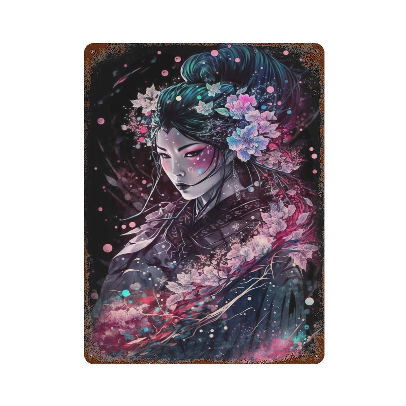 Elegance of Geisha Aged Metal Wall Plaque 15.7"x11.8", Farmhouse Wall Decor for Office, Studio And Wall Decor