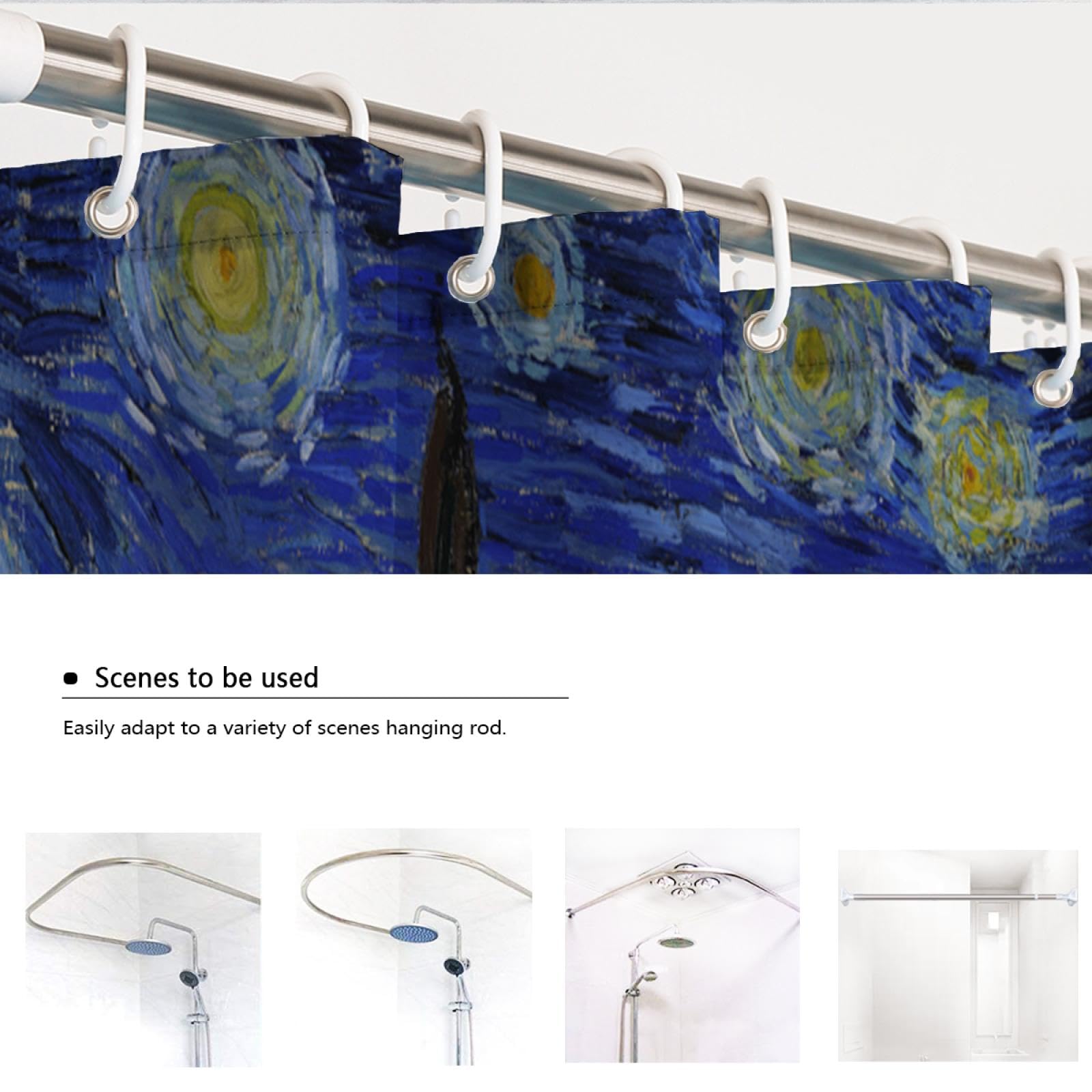 Rideau de Douche de Ferme la Nuit étoilée célèbre Peinture Impression Baignoire Doublure de Rideau de Douche pour décoration de Salle de Bain Romantique étanche W200xL200(cm)