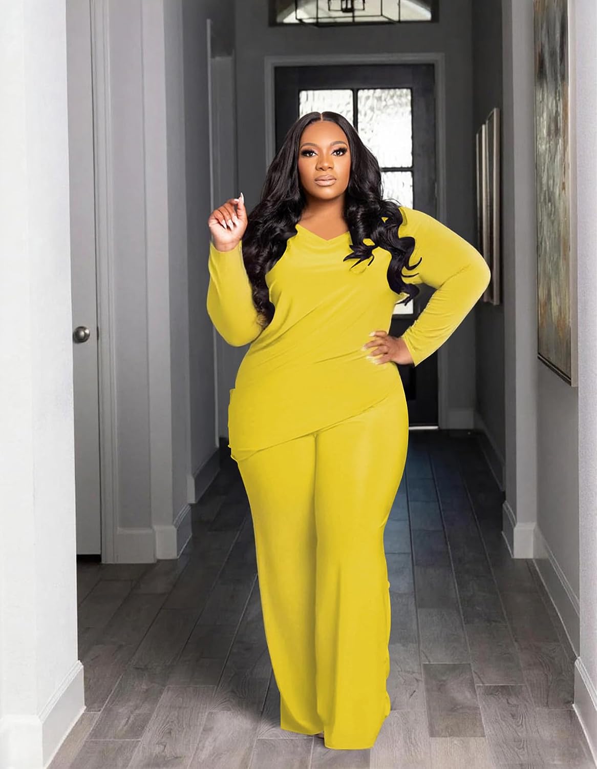 TOPSRANI Womens Plus Size Lounge Set V-Neck 2 Piece Outfits Sweatsuits Tracksuit Long Sleeve Baggy Wide Leg Pant Sets