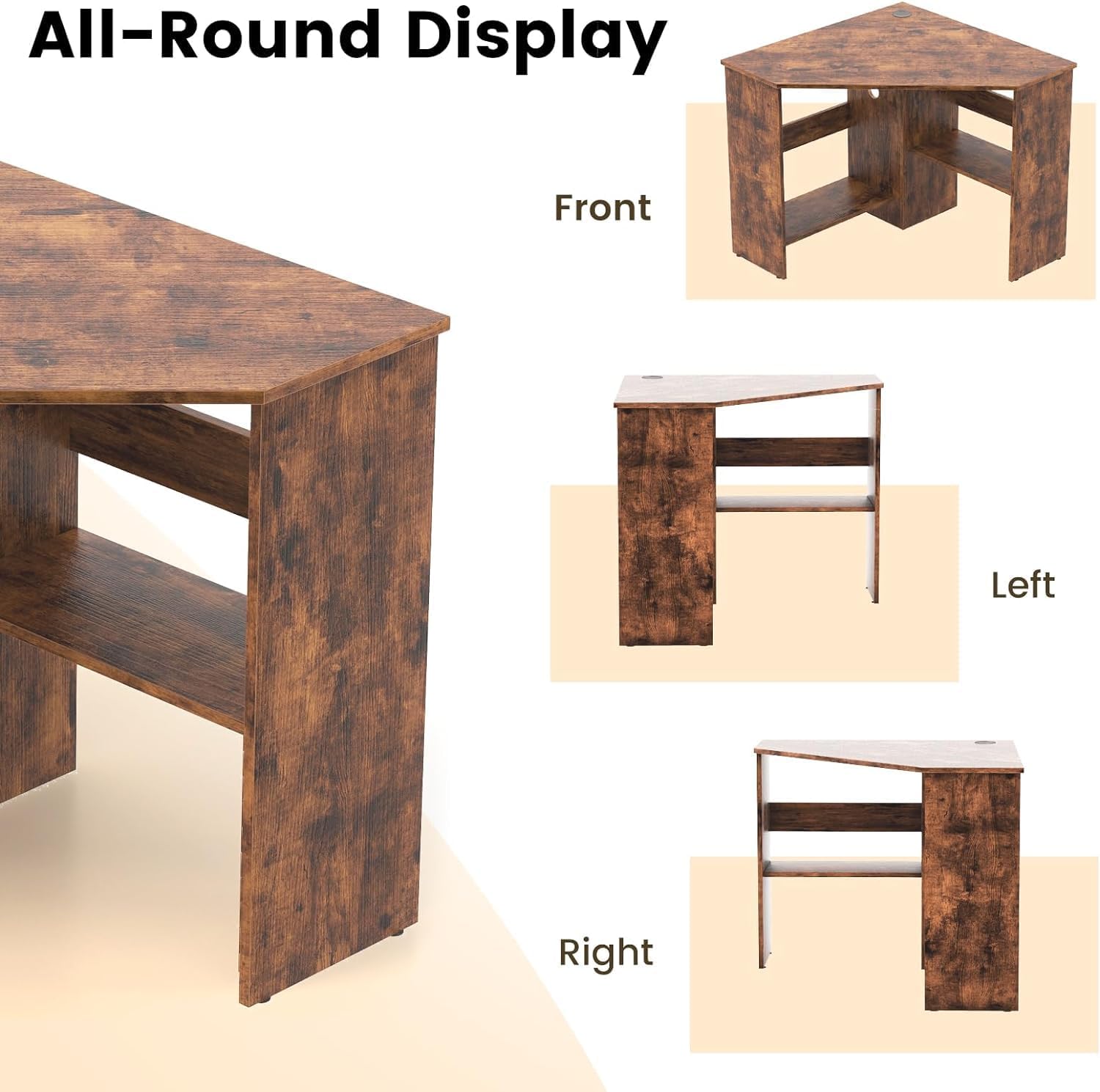 GOFLAME Corner Desk with Storage Shelves, Triangular Computer Desk with Cable Management Holes, Laptop Workstation for Small Space, Makeup Vanity Desk for Living Room, Study, Rustic Brown