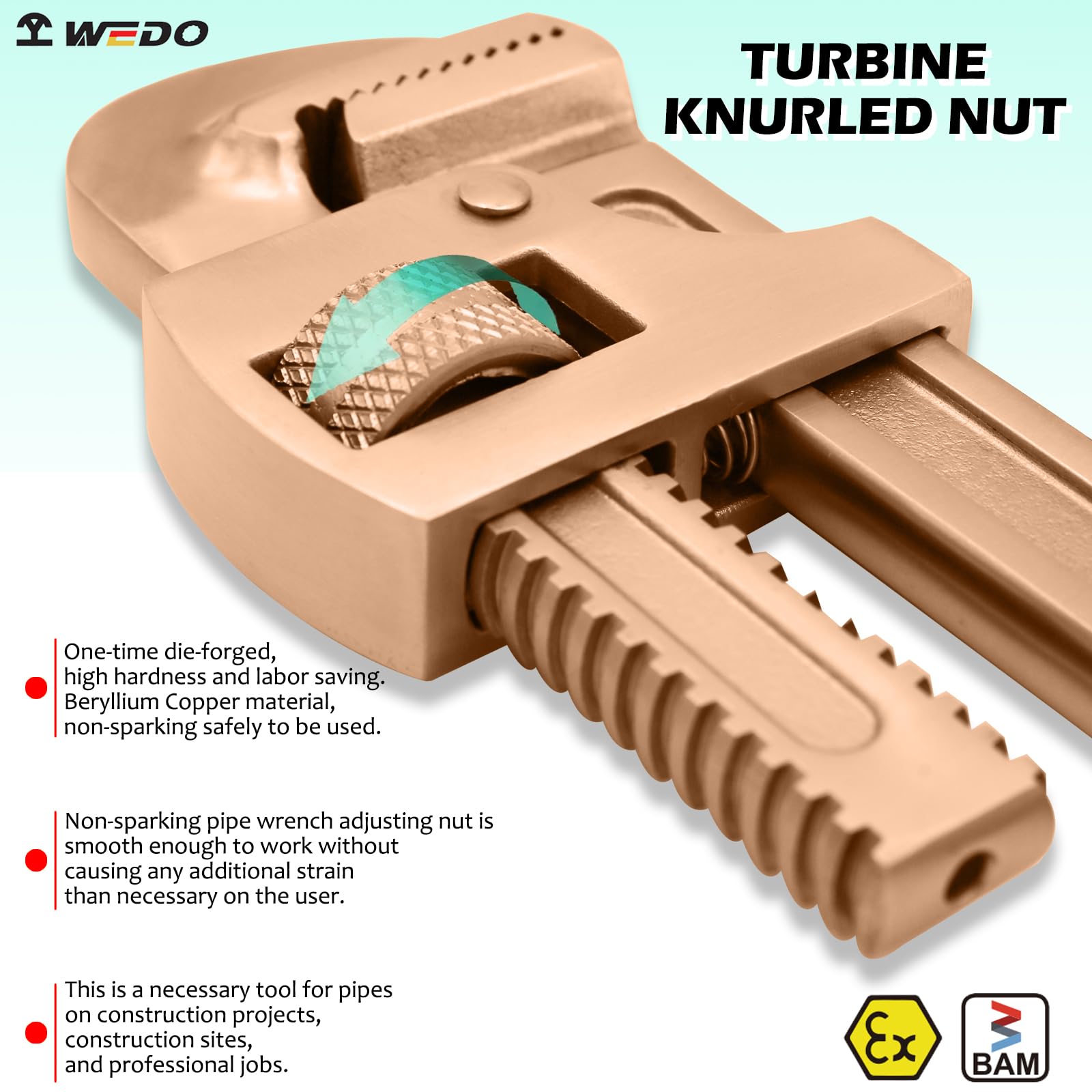 WEDO Klucz do rur nieparkingowych, prosty klucz hydrauliczny, bez iskier, klucz nastawny, miedź berylowa, niemagnetyczny, standard DIN, certyfikat BAM i FM, 350 mm