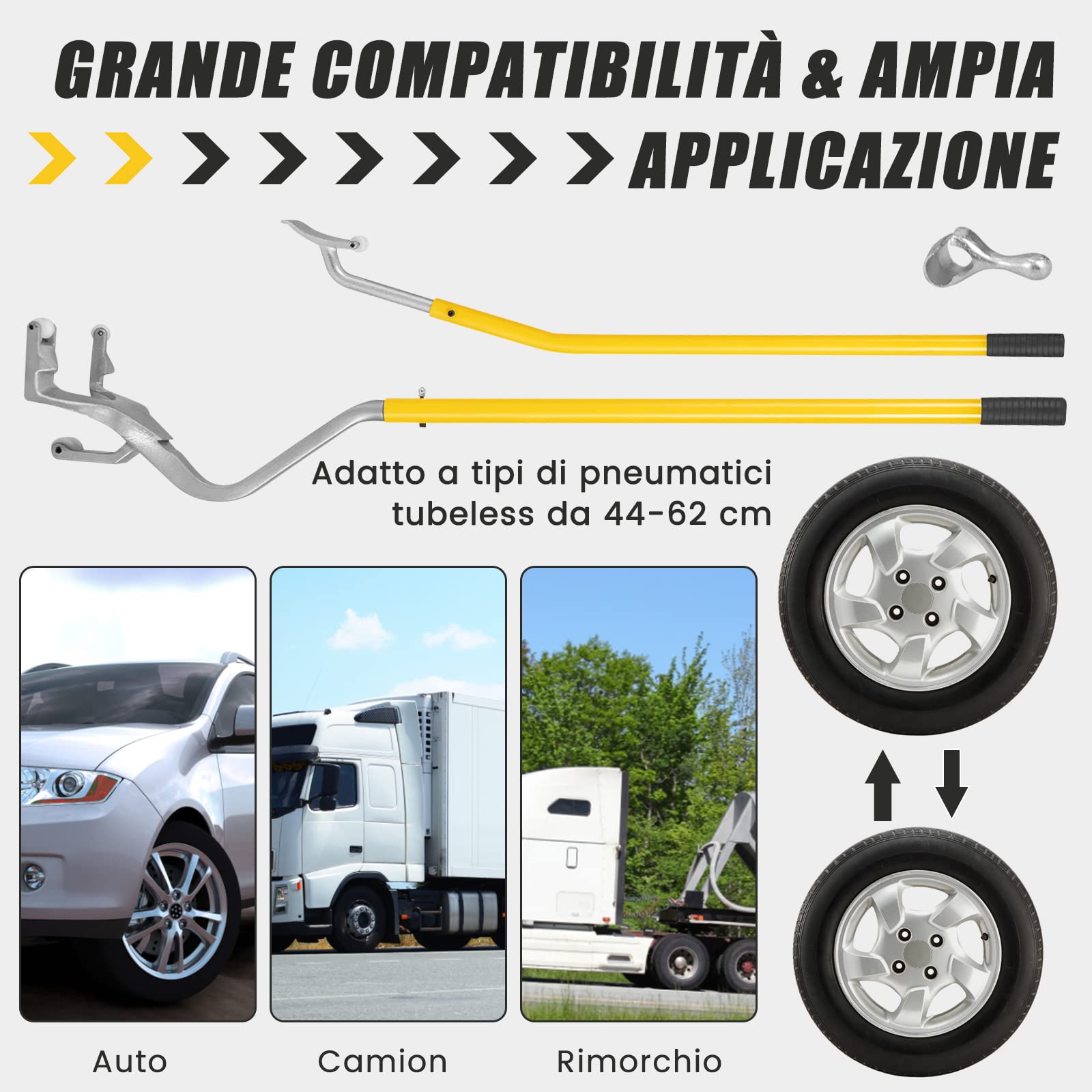 COSTWAY Strumento di Montaggio e Smontaggio Pneumatici Cambia Gomme da 44 cm a 62 cm, 3 PCS Strumenti Manuali con Supporto per Tallone in Acciaio per la Riparazione di Auto (Giallo)