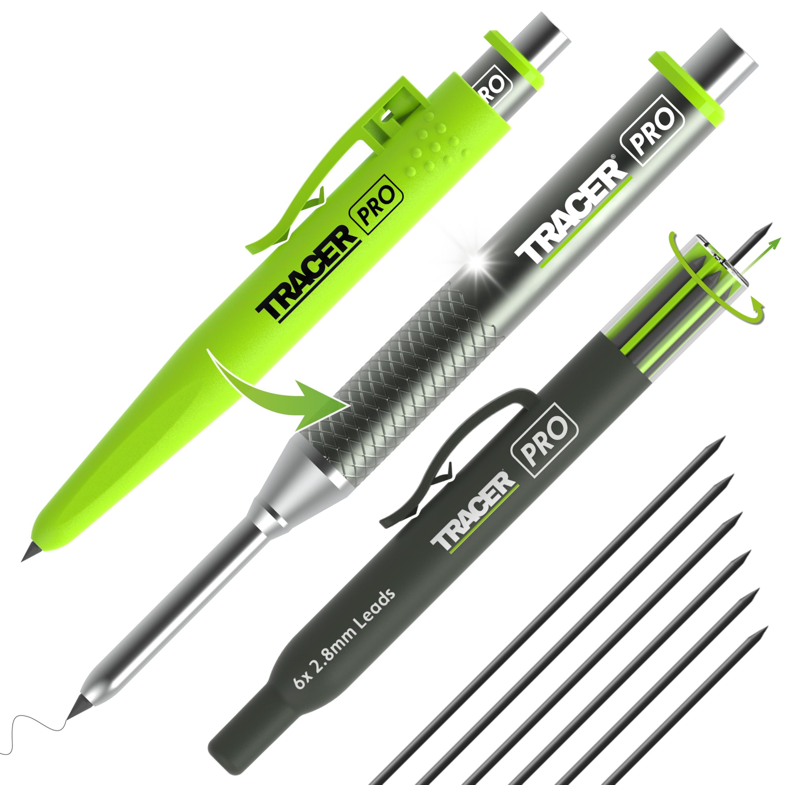 Pro Series Aluminium Deep Hole Construction Pencil with 6 x Replacement Leads and Site Holsters. All-in-one Marking Kit