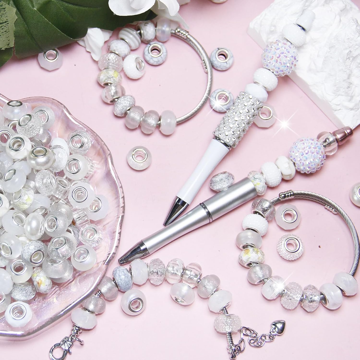 100 Pieces Large Hole Beads, Assorted European Craft Beads White Big Hole Fairy Wands Garden Beads Large Hole Lampwork Spacer Beads for DIY Pens Charms Bracelet Necklace Jewelry Making Supplies - Image 2