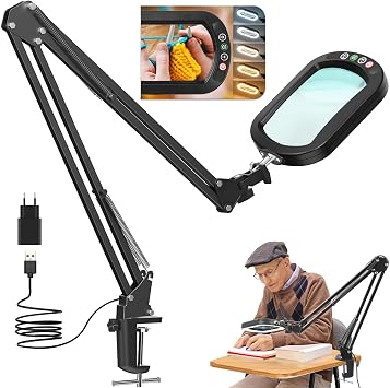 12 x Magnifying Glass with Light and Clamp LED Real Glass Magnifier with Light and Stand 5 Colour Modes Dimmable Reading Magnifier for Seniors Large Swivel Arm Magnifier Hands-Free for Crafts Hobby Painting Close Work