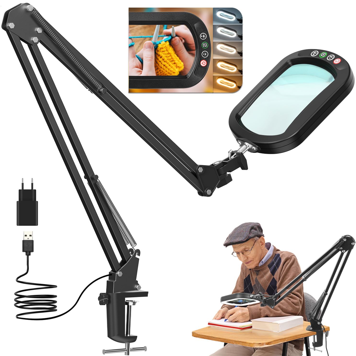 Lupa de 10 unidades con luz y pinza, lupa de cristal real LED con luz y soporte, 5 modos de color regulable para personas mayores, lupa de brazo giratorio manos libres para manualidades, aficiones