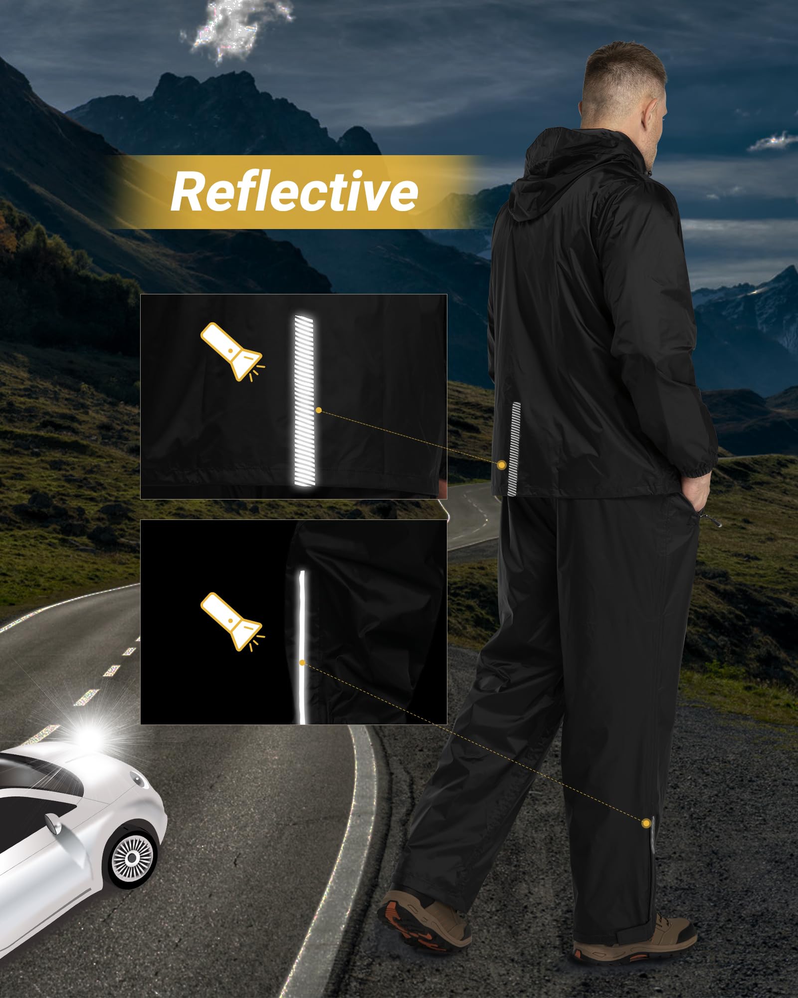 Traje impermeable reflectante para hombre, impermeable al aire libre, chaqueta de lluvia a prueba de viento+pantalones de lluvia transpirable para pesca, senderismo, camping