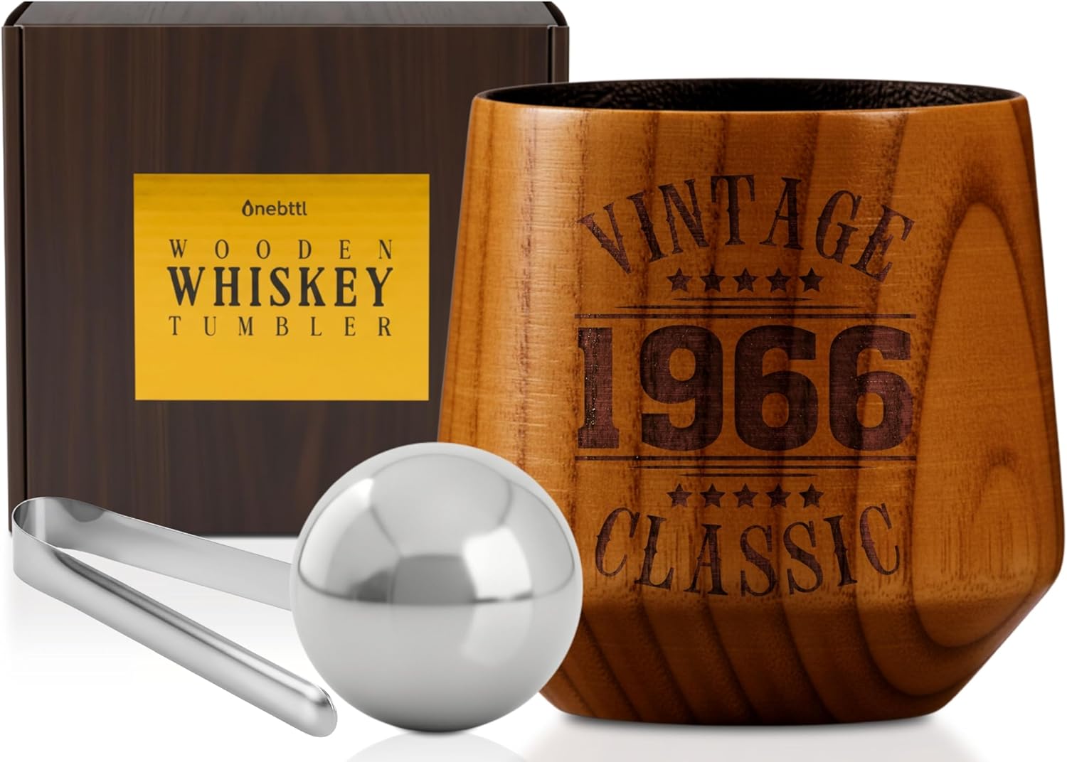 Onebttl 60th Birthday Gifts for Men, Charred Wooden Bourbon Drinking Glass for Him, Handcrafted Whiskey Gift Tumbler for 60 Bday