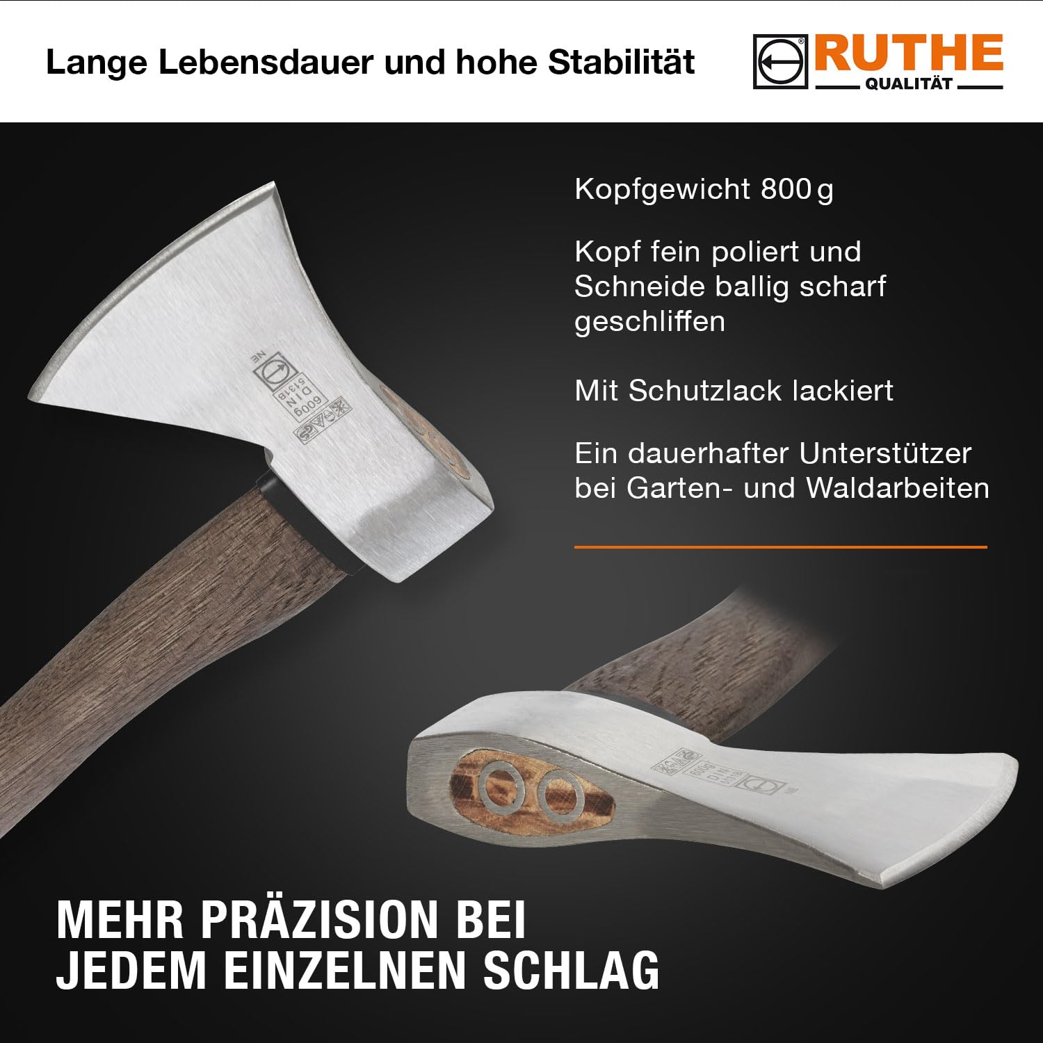Ruthe Beil Hickory 800 g | Profi-Tool für Garten & Wald | Geschmiedet Gehärtet | DIN 5131B VPA/GS Geprüft | Ergonomischer Stiel | Gala-BAU Qualität